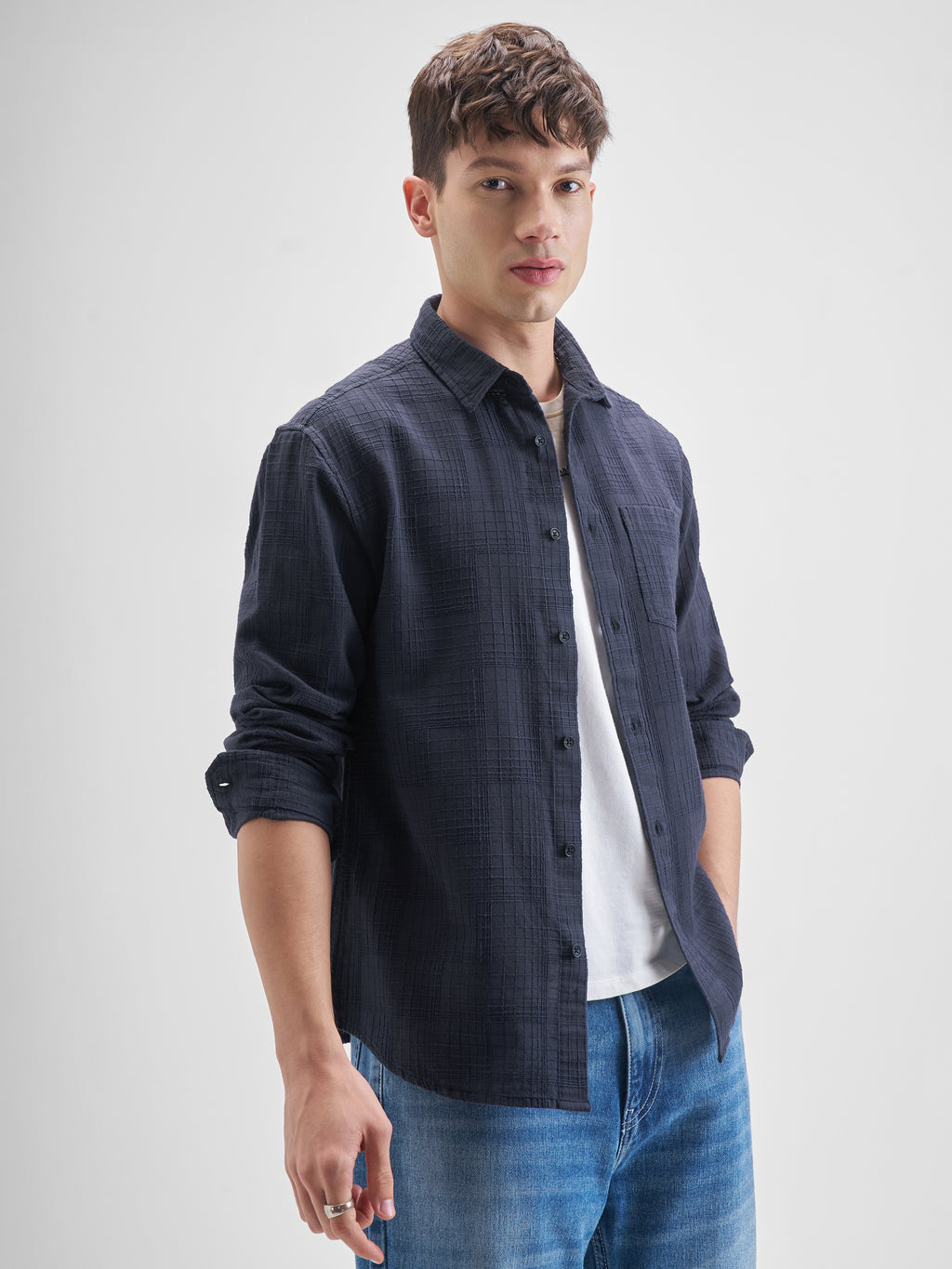 Highlander Men Navy Blue Self Design Relaxed Fit Casual Shirt - Navy Blue - Image 6