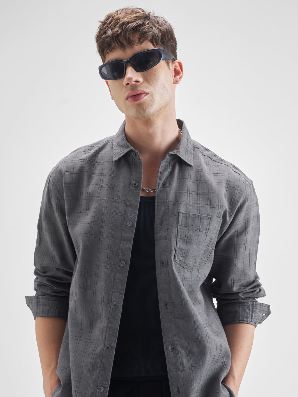 Highlander Men Grey Checked Relaxed Fit Casual Shirt - Grey - Image 1