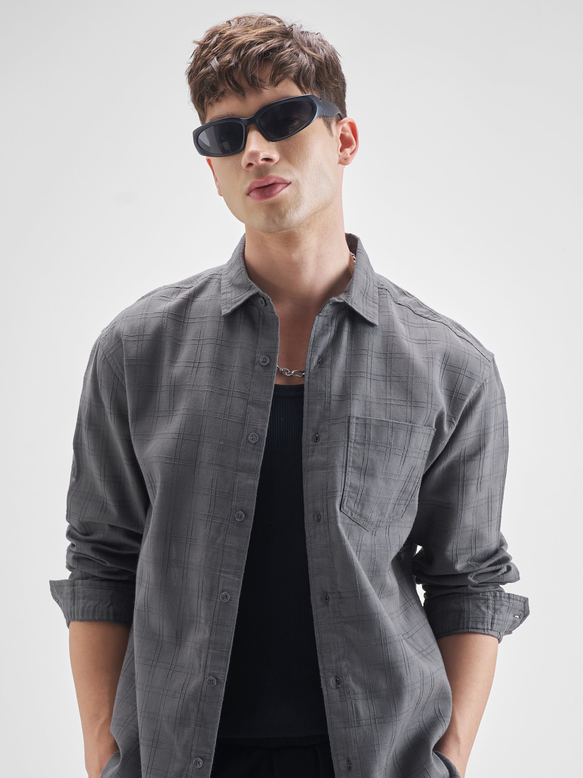 Highlander Men Grey Checked Relaxed Fit Casual Shirt - Grey - Image 1
