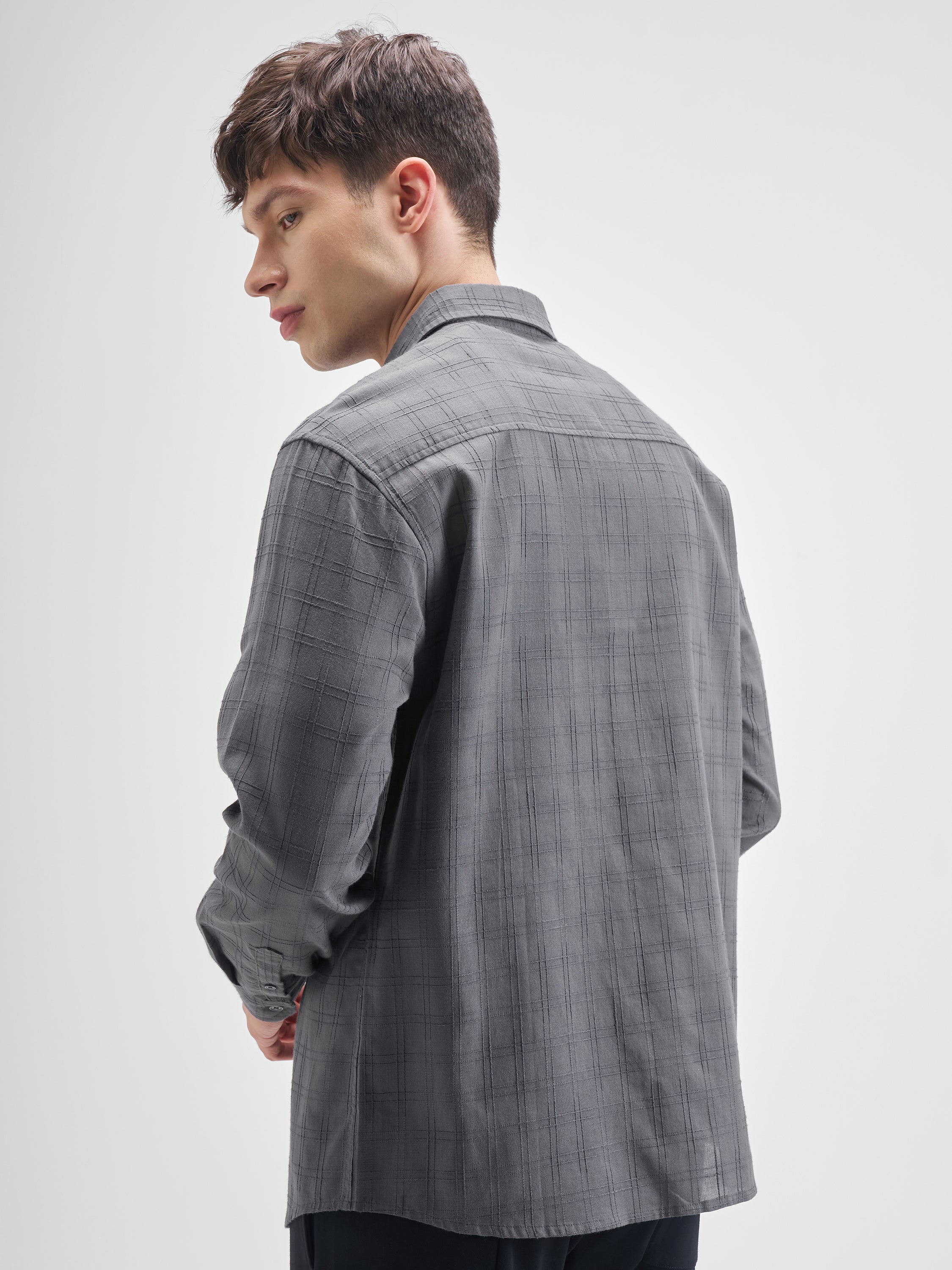 Highlander Men Grey Checked Relaxed Fit Casual Shirt - Grey - Image 3