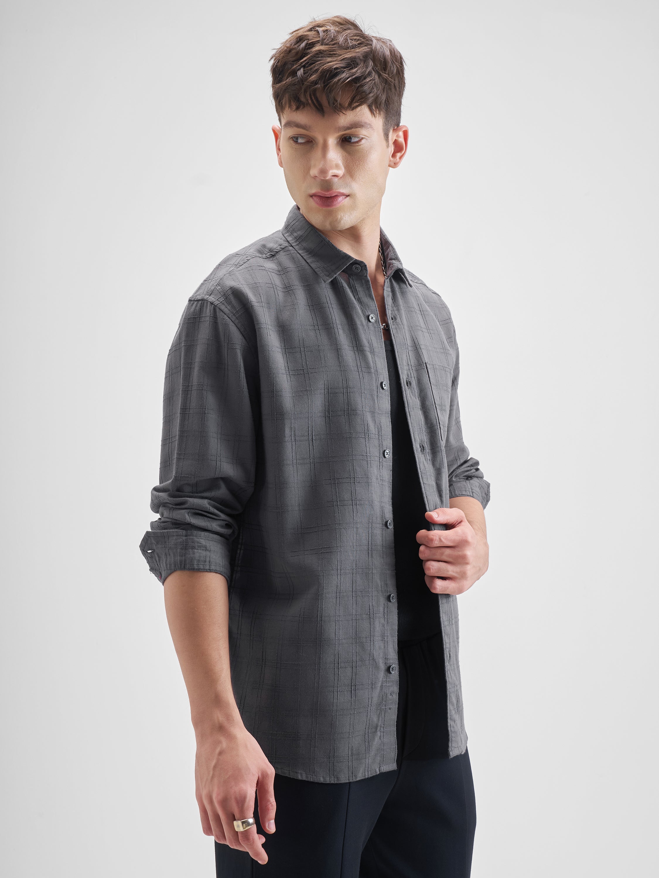 Highlander Men Grey Checked Relaxed Fit Casual Shirt - Grey - Image 6