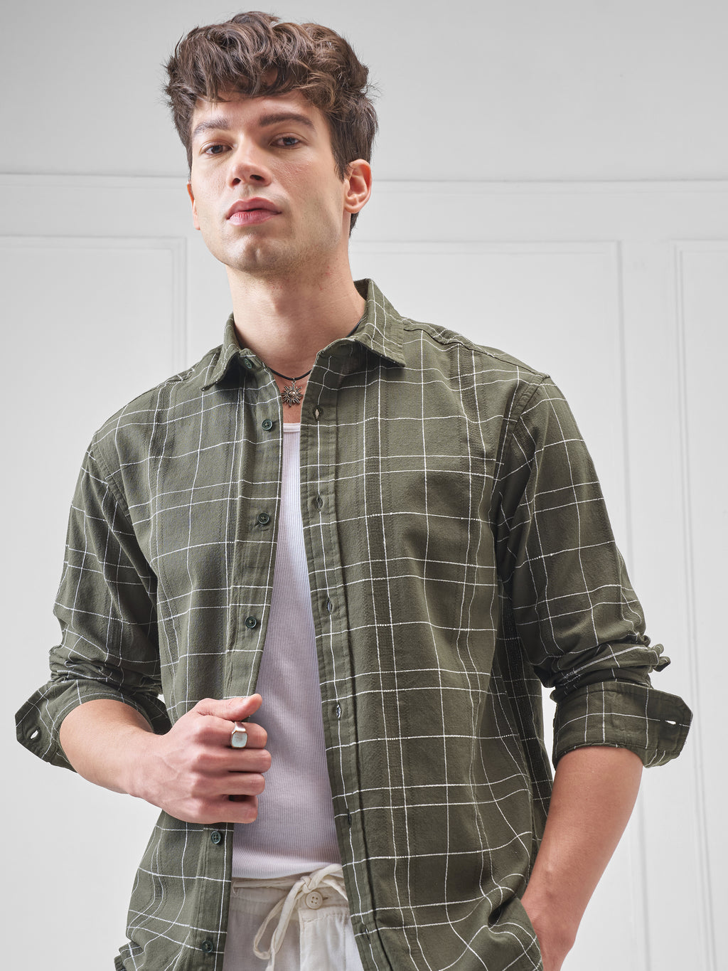 Highlander Men Olive Checked Relaxed Fit Casual Shirt - Olive - Image 1