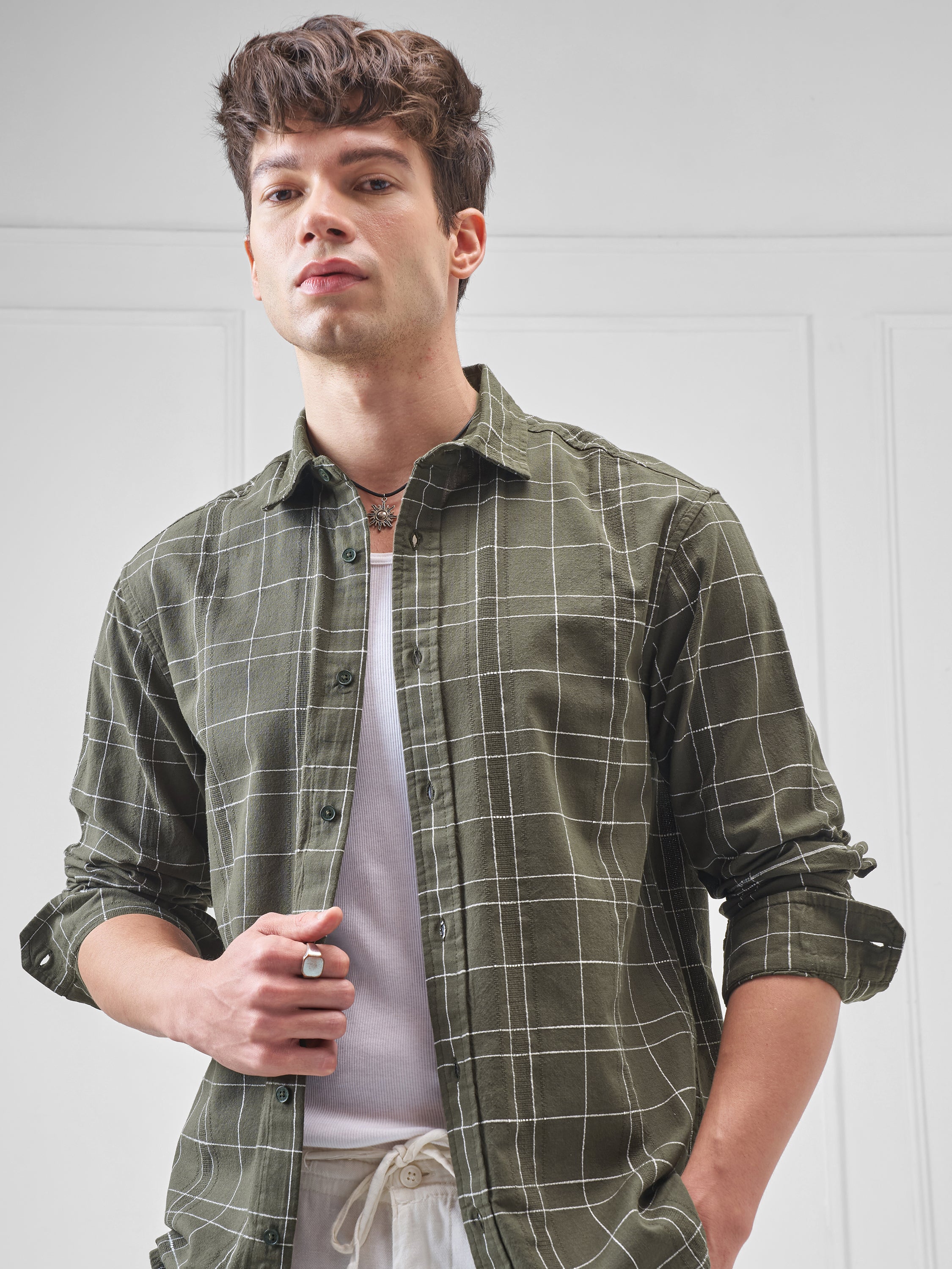 Highlander Men Olive Checked Relaxed Fit Casual Shirt - Olive - Image 1