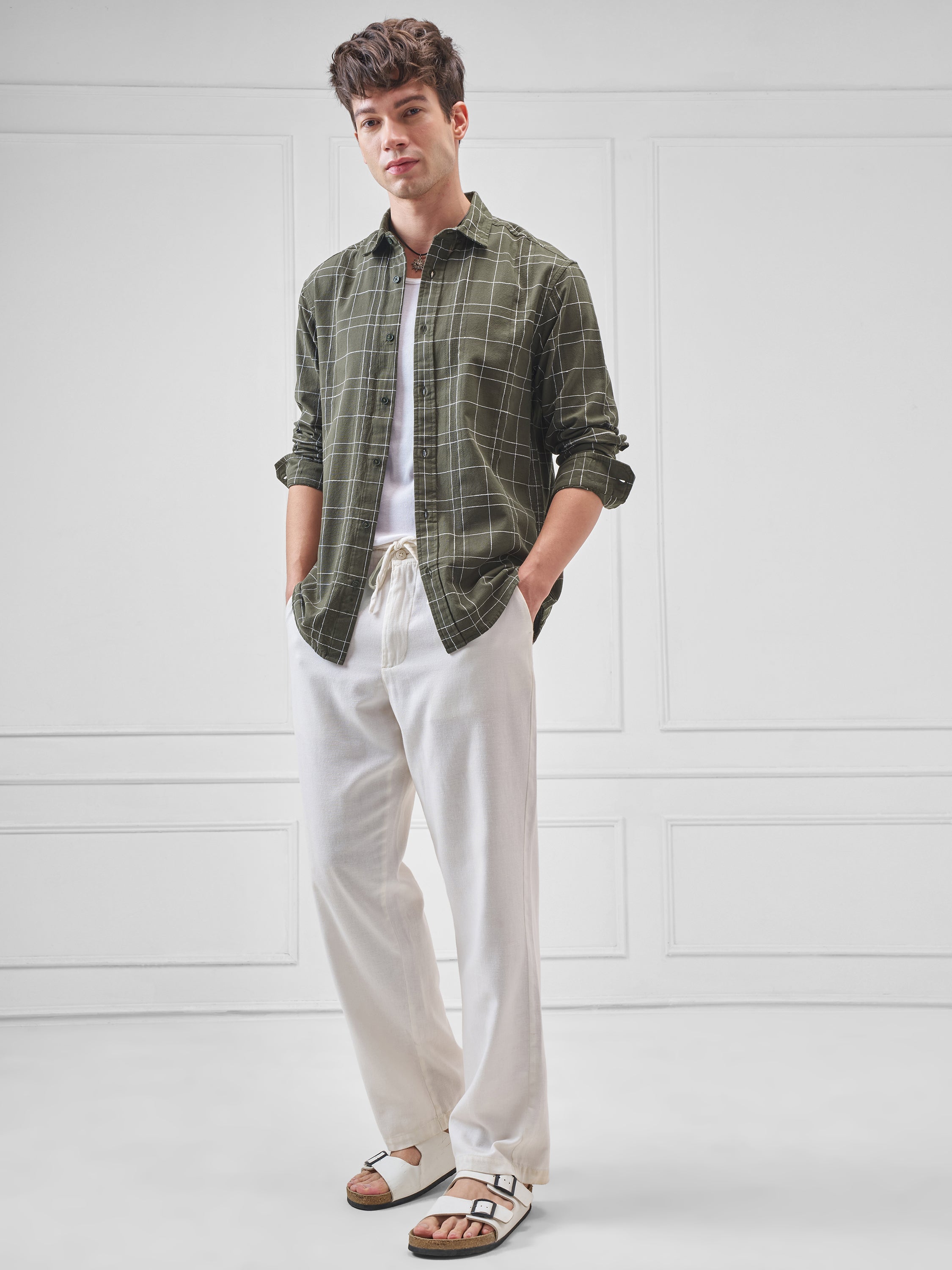 Highlander Men Olive Checked Relaxed Fit Casual Shirt - Olive - Image 2