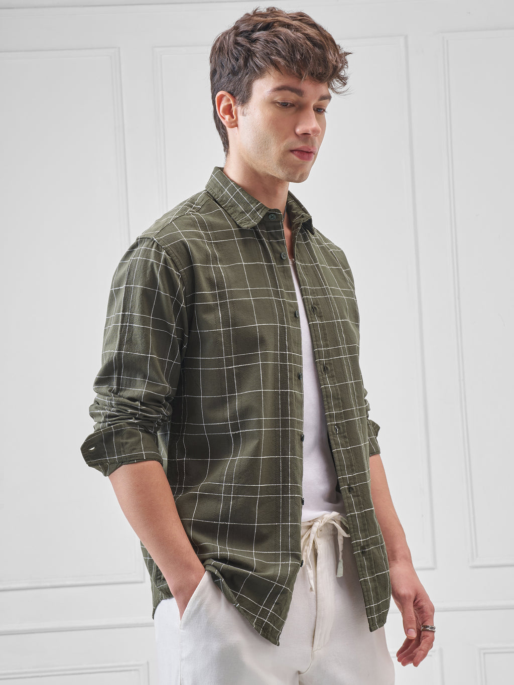 Highlander Men Olive Checked Relaxed Fit Casual Shirt - Olive - Image 6