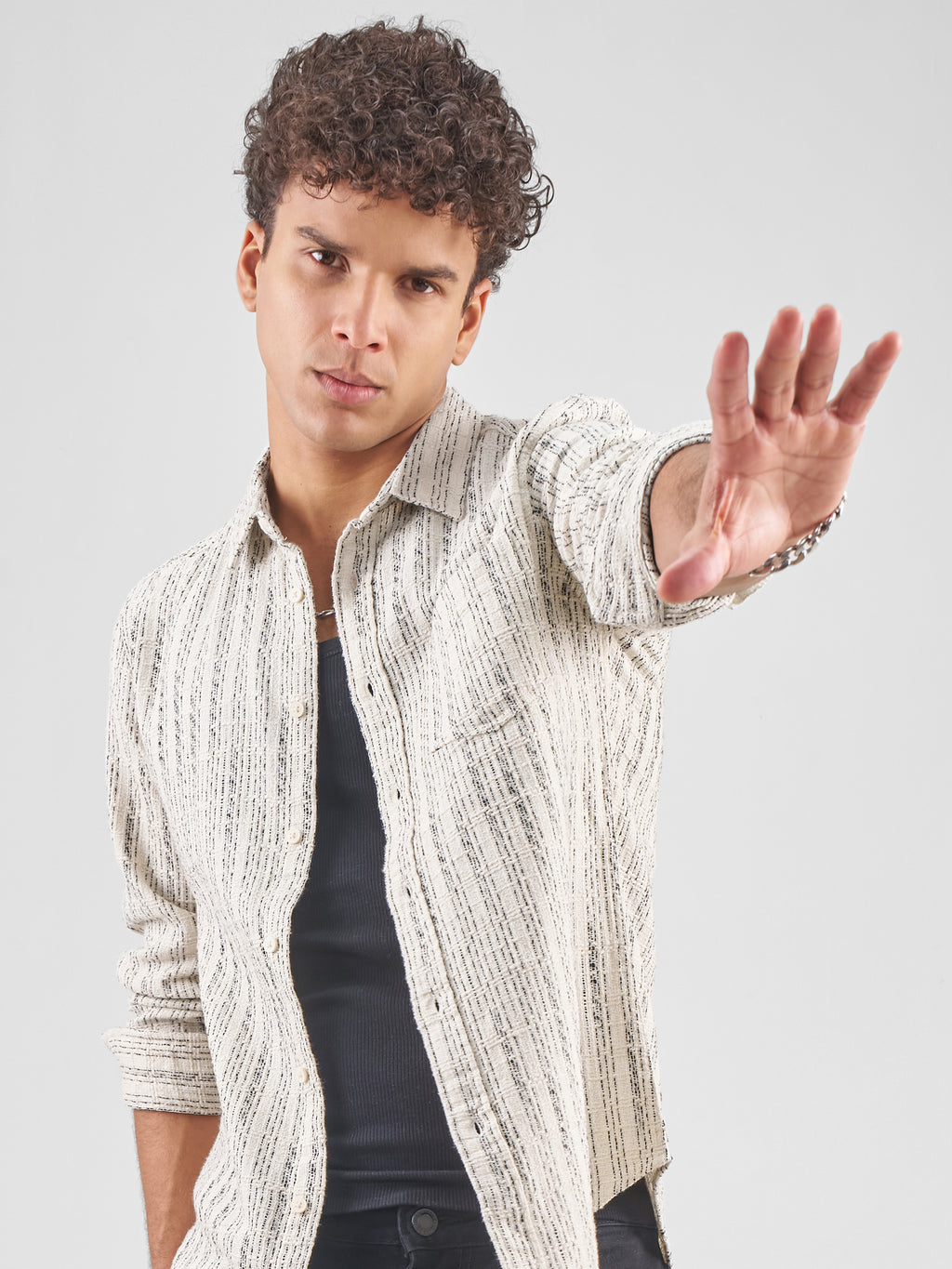 Highlander Men Cream Striped Slim Fit Casual Shirt - Cream - Image 1