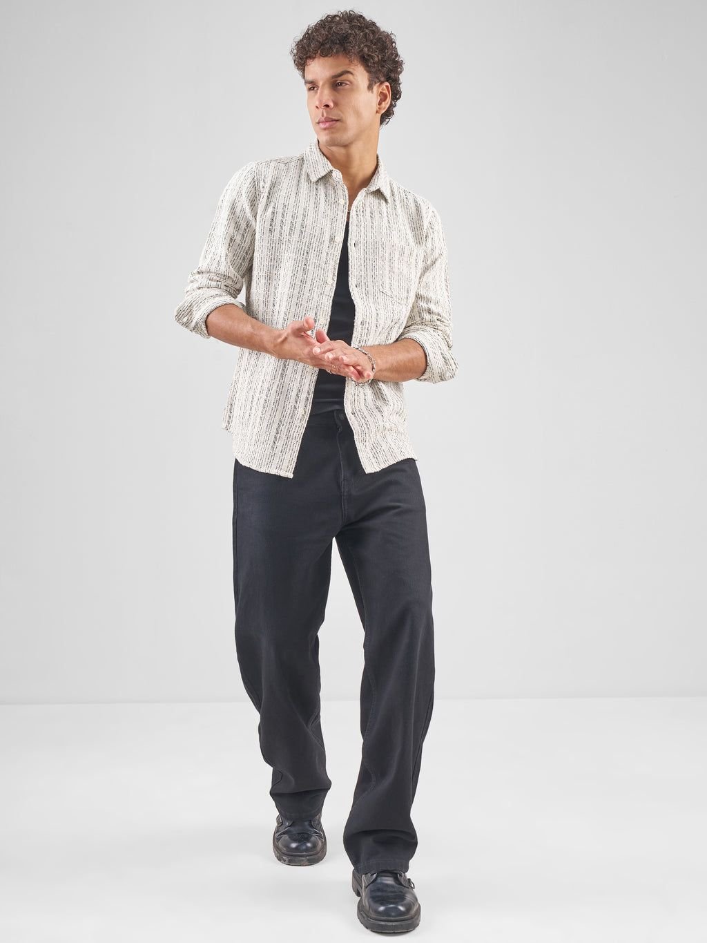 Highlander Men Cream Striped Slim Fit Casual Shirt - Cream - Image 2