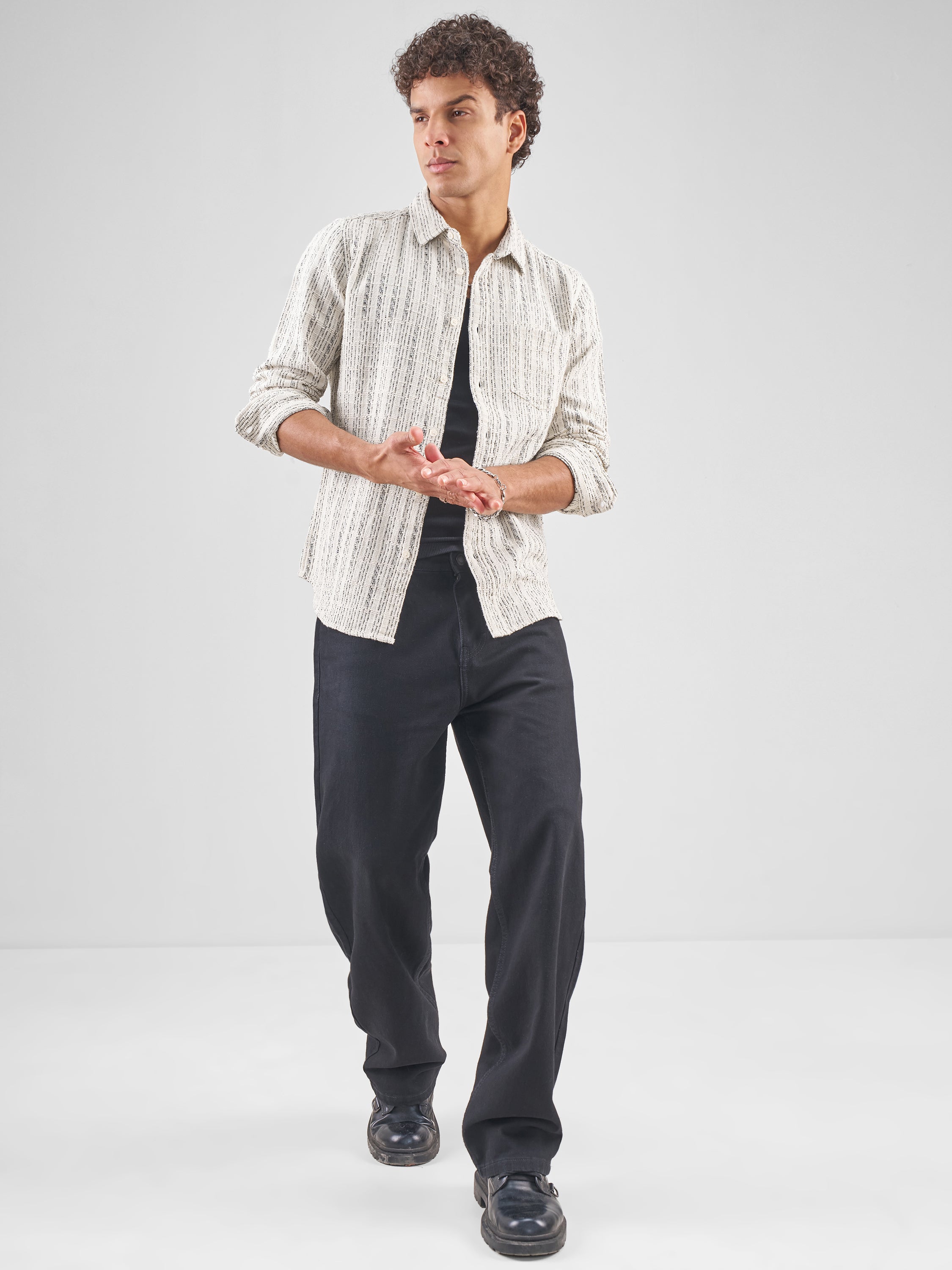 Highlander Men Cream Striped Slim Fit Casual Shirt - Cream - Image 2