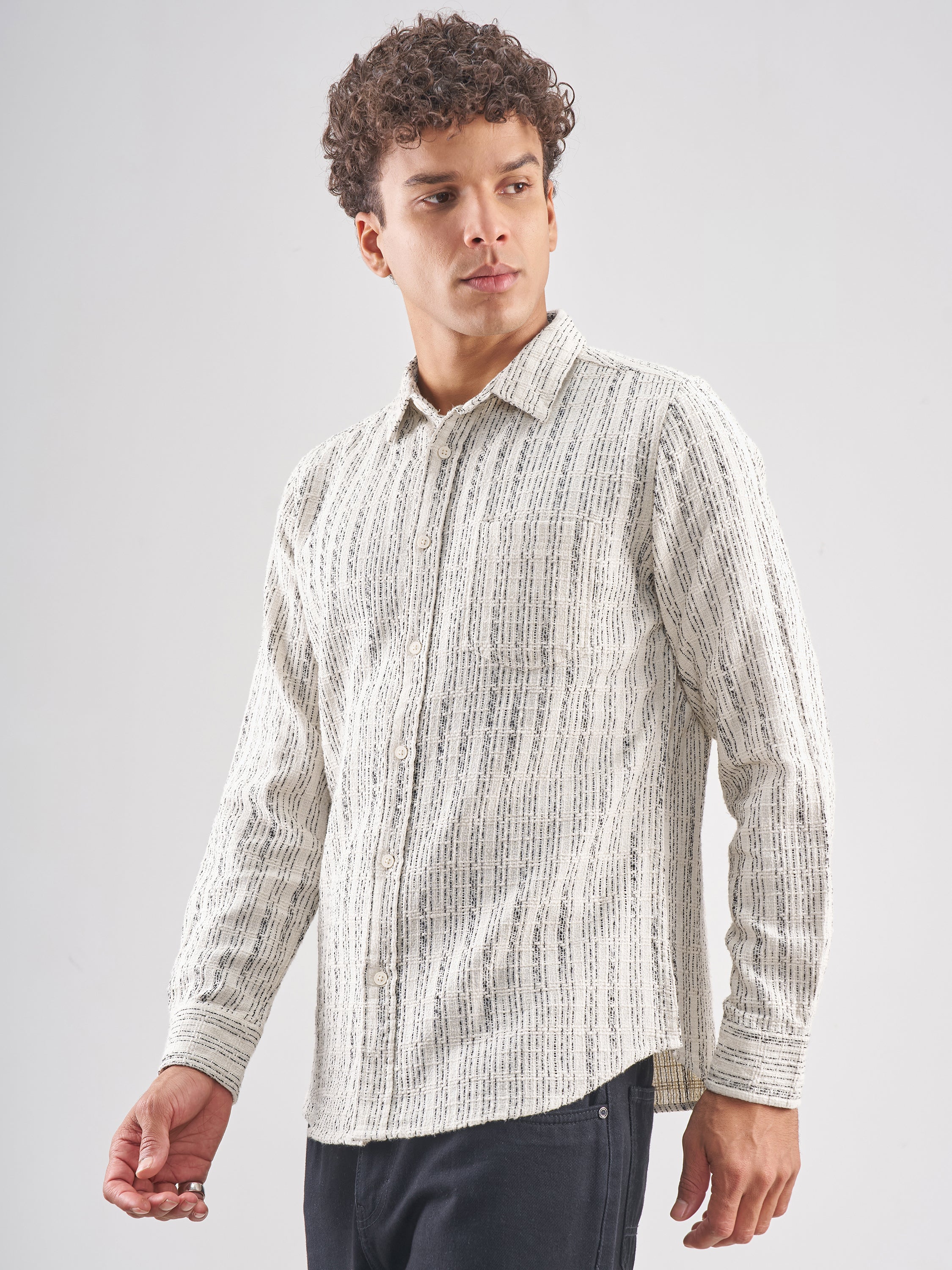 Highlander Men Cream Striped Slim Fit Casual Shirt - Cream - Image 4
