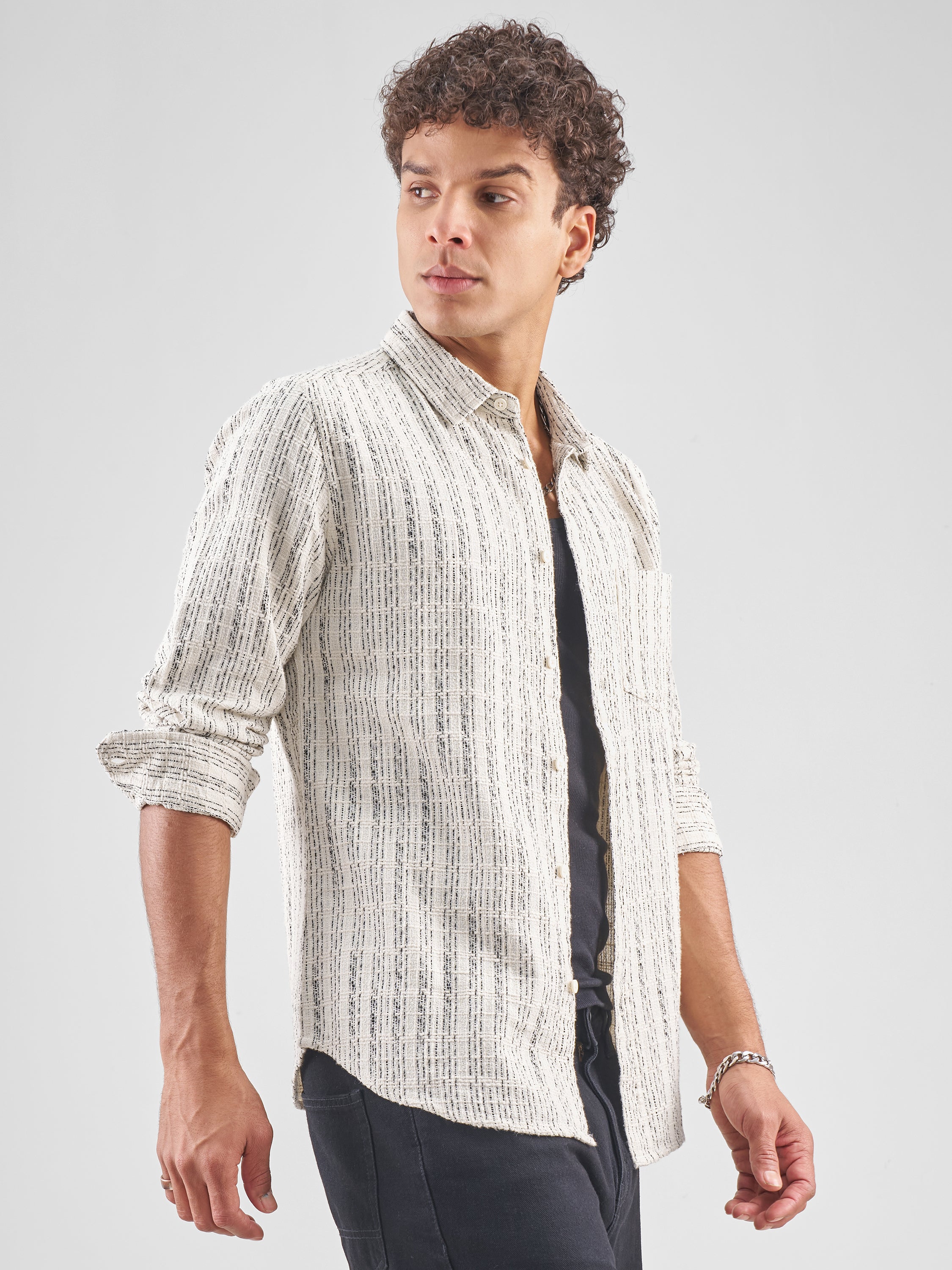 Highlander Men Cream Striped Slim Fit Casual Shirt - Cream - Image 6