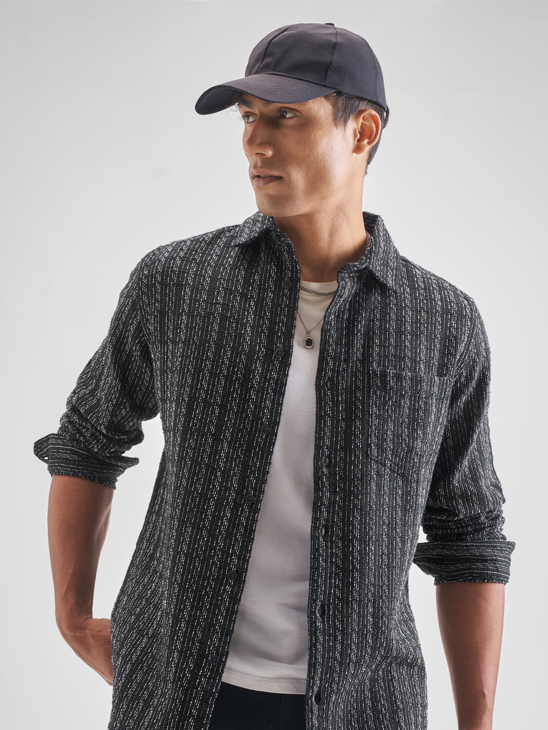 Highlander Men Black Striped Slim Fit Casual Shirt - Black - Image 1