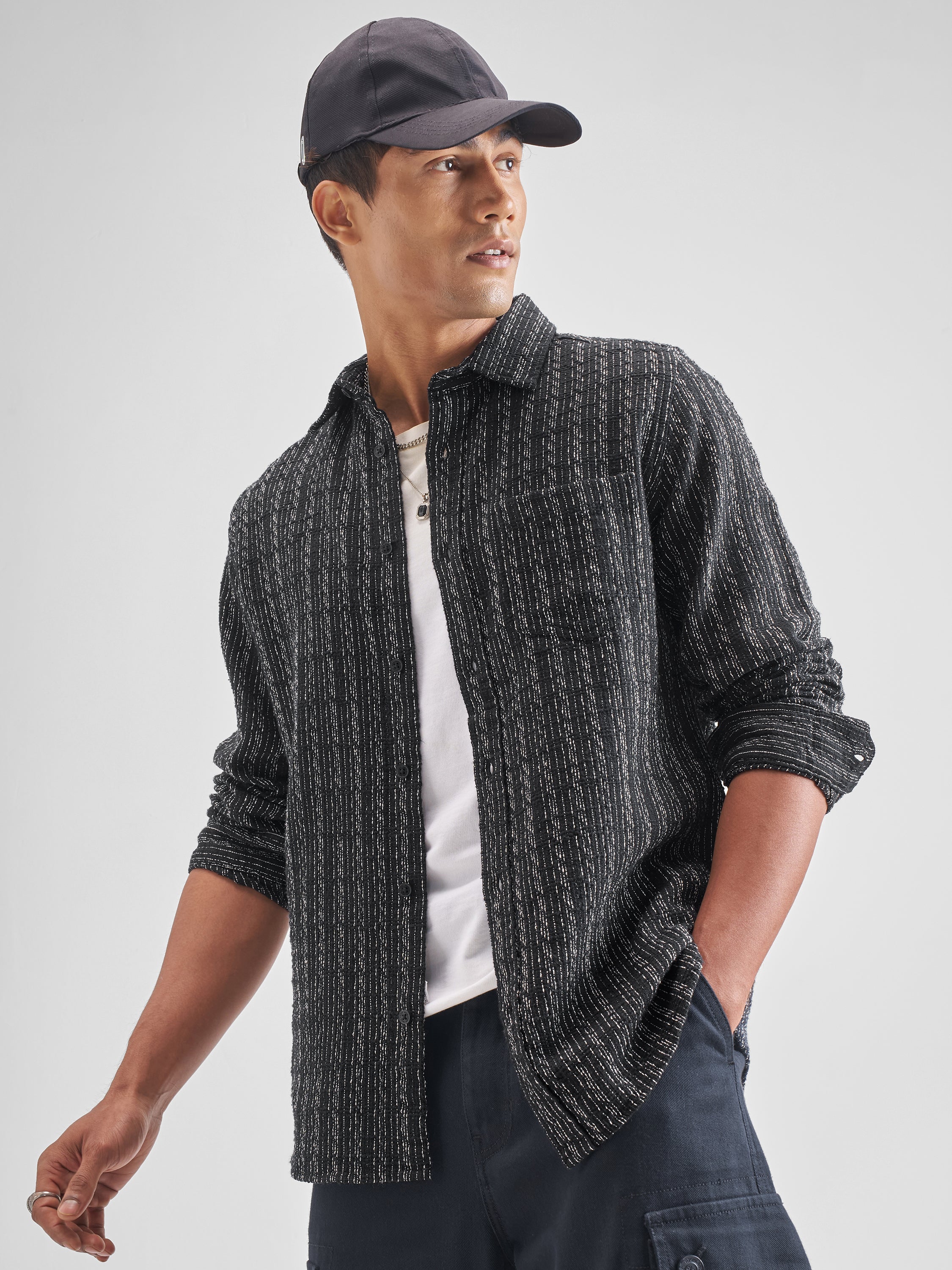 Highlander Men Black Striped Slim Fit Casual Shirt - Black - Image 4