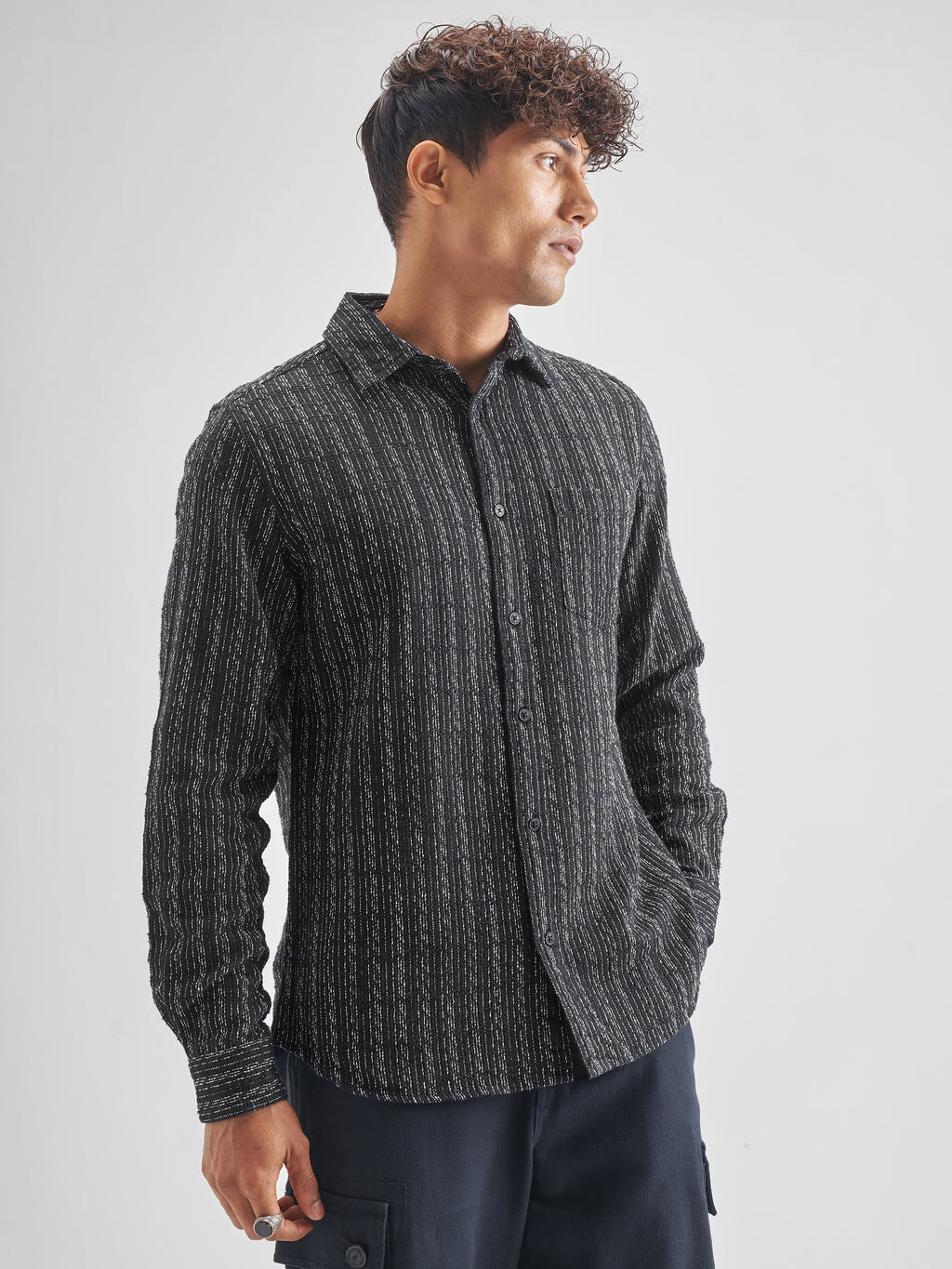 Highlander Men Black Striped Slim Fit Casual Shirt - Black - Image 6