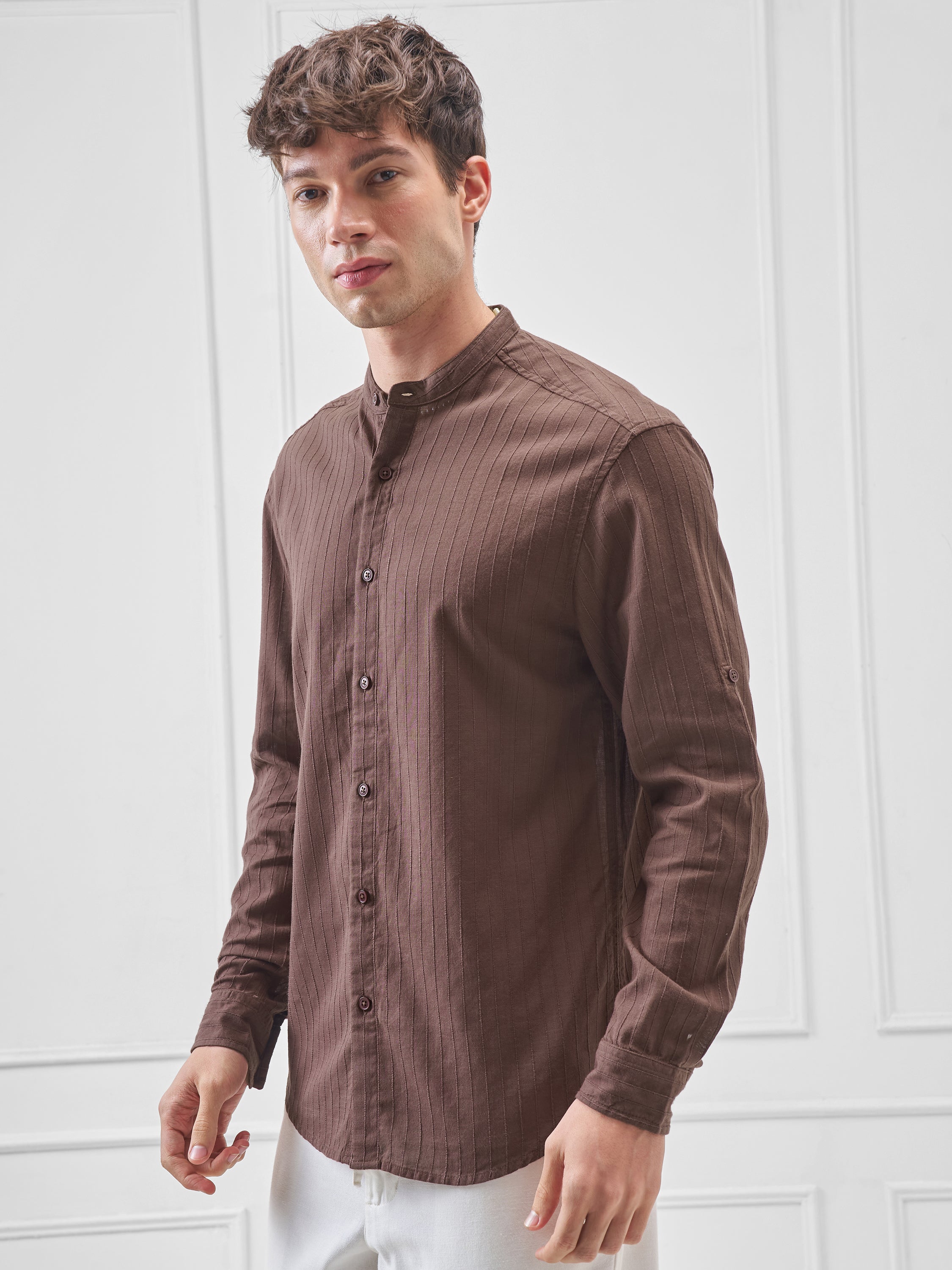 Highlander Men Brown Striped Relaxed Fit Casual Shirt - Brown - Image 4