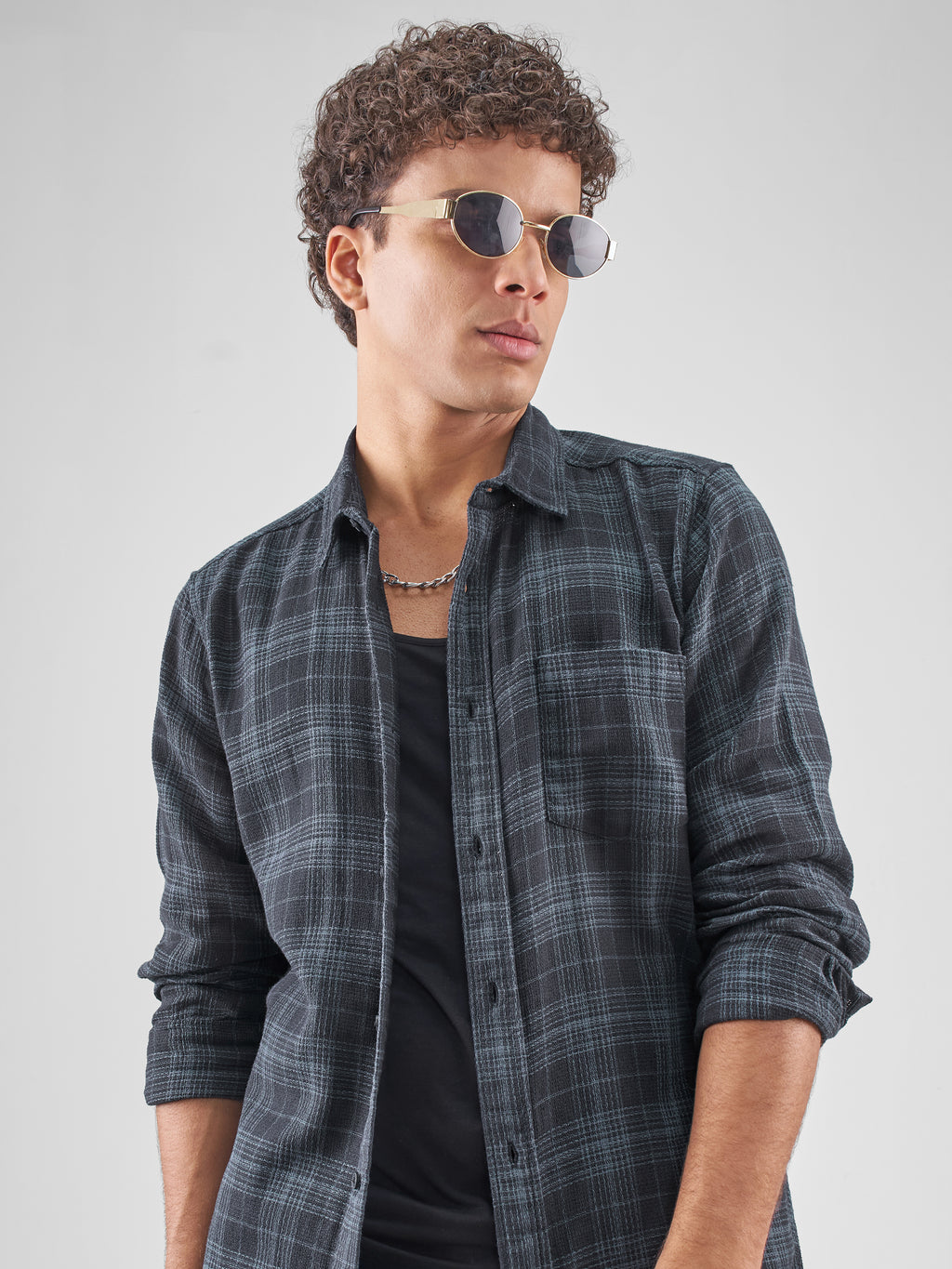 Highlander Men Navy Blue Checked Slim Fit Casual Shirt - Navy Blue - Image 1