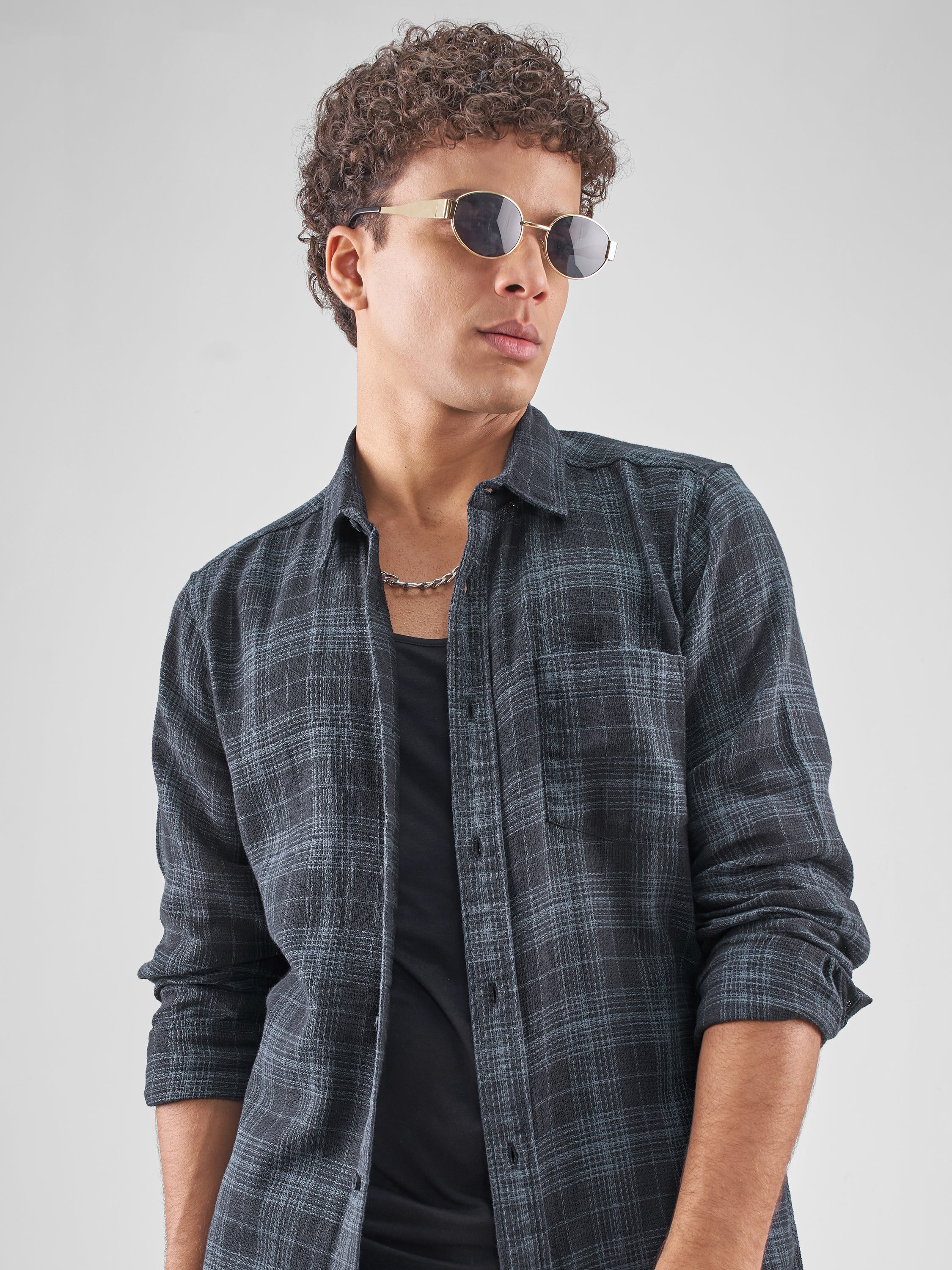 Highlander Men Navy Blue Checked Slim Fit Casual Shirt - Navy Blue - Image 1