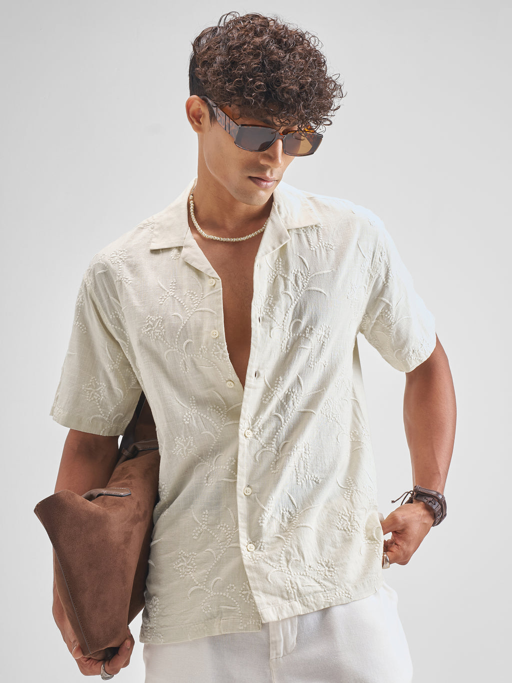 Highlander Men Cream Embroidered Relaxed Fit Casual Shirt - Cream - Image 1