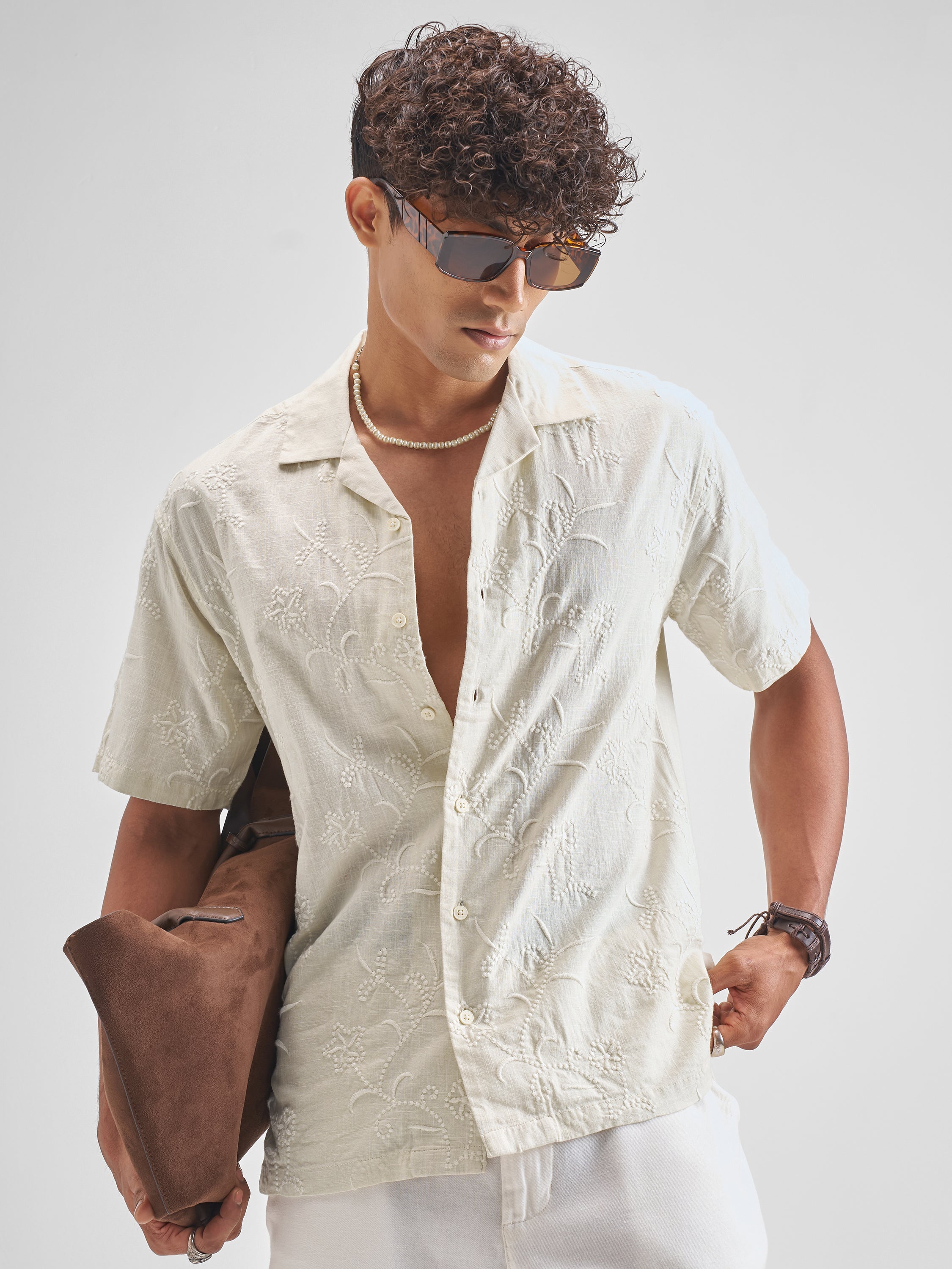 Highlander Men Cream Embroidered Relaxed Fit Casual Shirt - Cream - Image 1