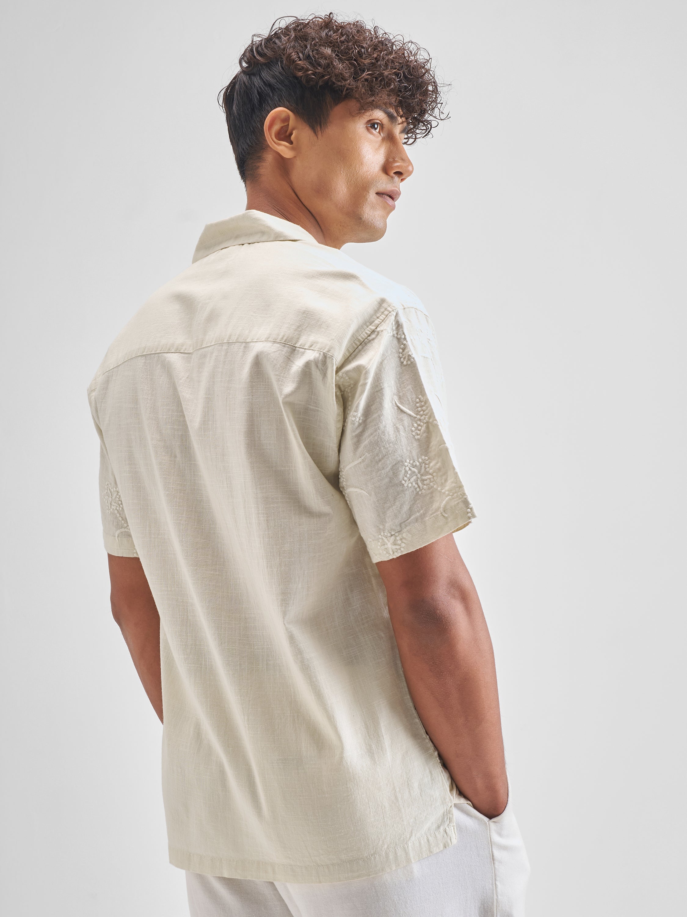 Highlander Men Cream Embroidered Relaxed Fit Casual Shirt - Cream - Image 3