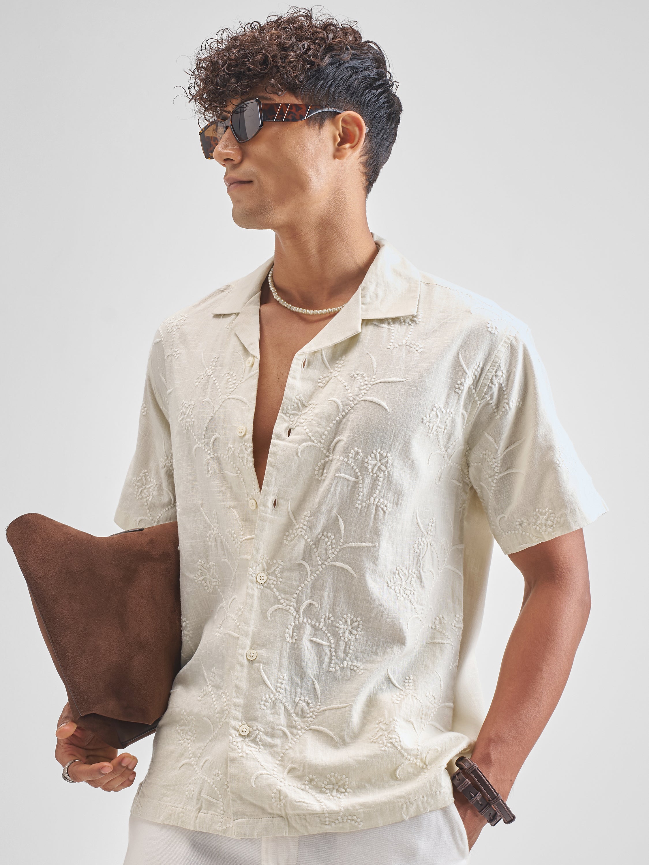 Highlander Men Cream Embroidered Relaxed Fit Casual Shirt - Cream - Image 4
