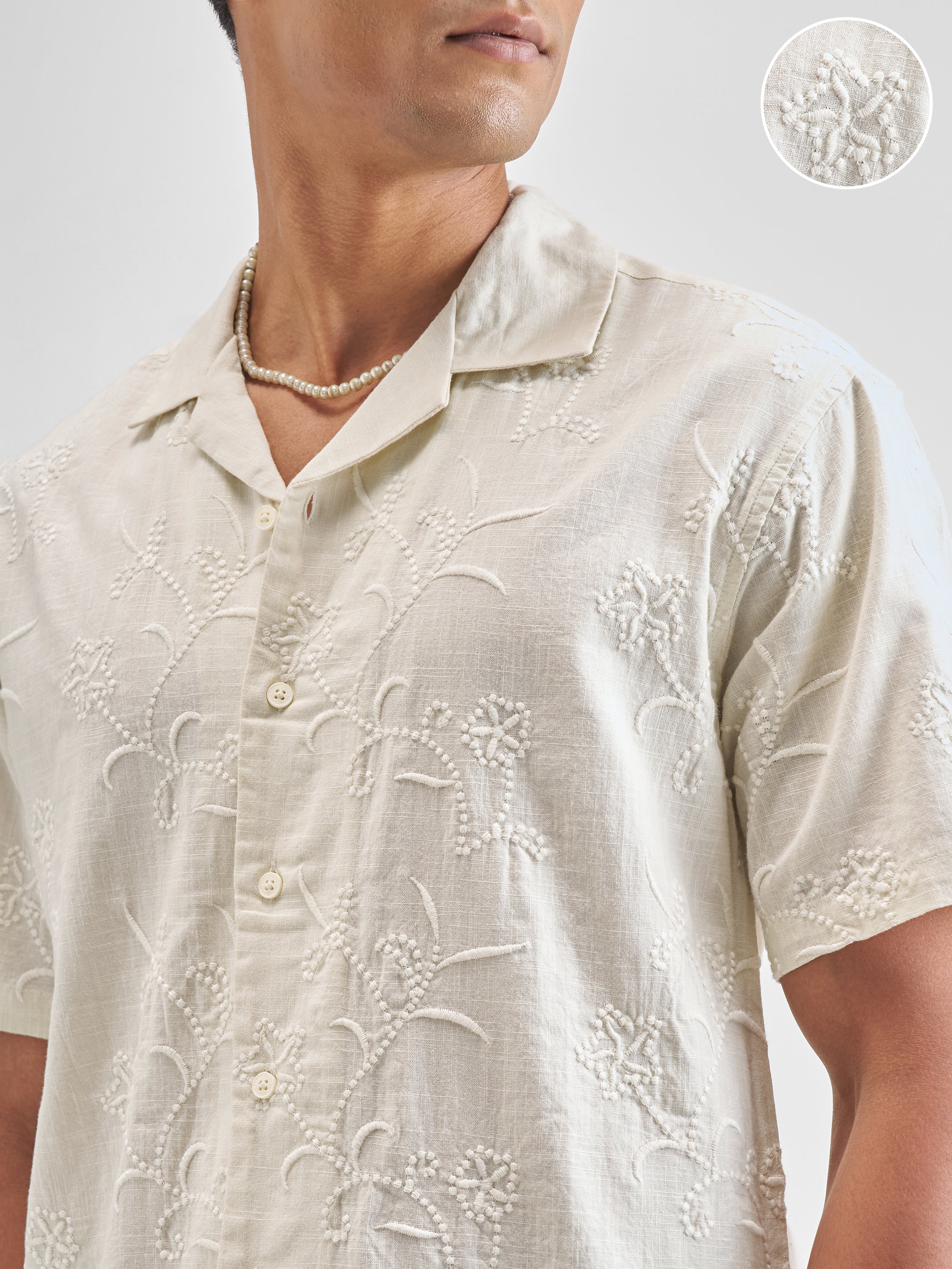 Highlander Men Cream Embroidered Relaxed Fit Casual Shirt - Cream - Image 5
