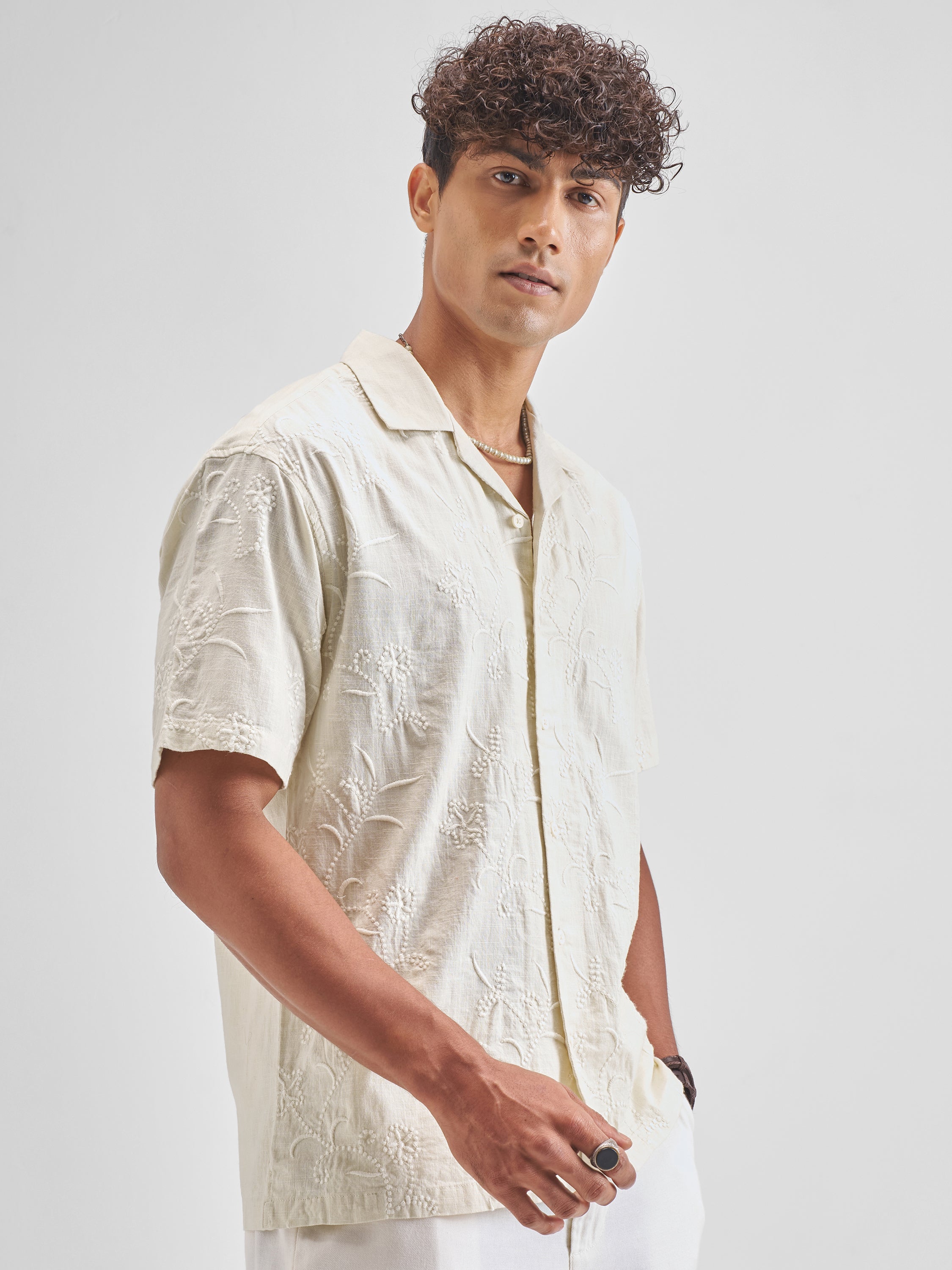 Highlander Men Cream Embroidered Relaxed Fit Casual Shirt - Cream - Image 6