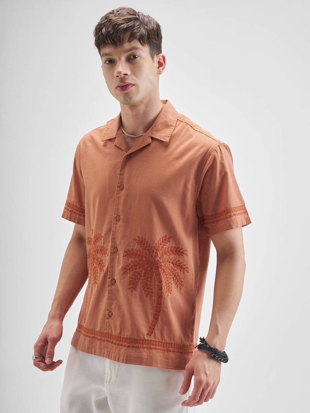 Highlander Men Rust Embroidered Relaxed Fit Casual Shirt - Rust - Image 4