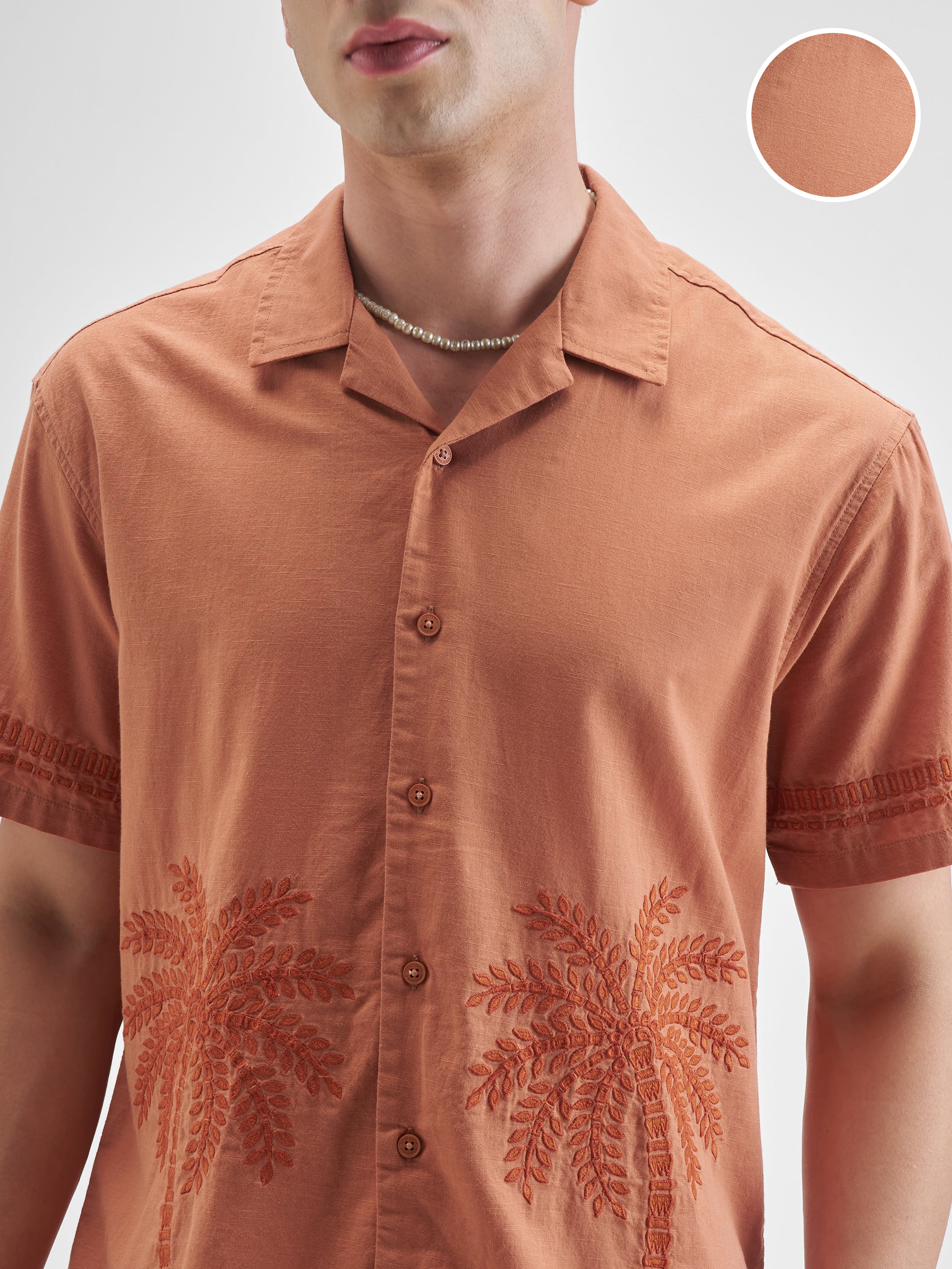 Highlander Men Rust Embroidered Relaxed Fit Casual Shirt - Rust - Image 5