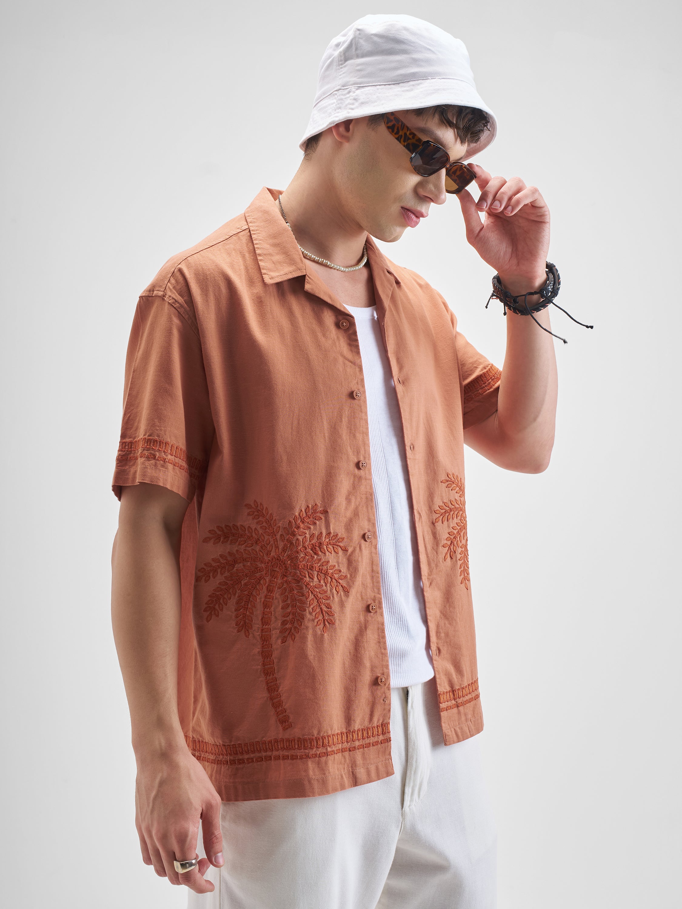 Highlander Men Rust Embroidered Relaxed Fit Casual Shirt - Rust - Image 6
