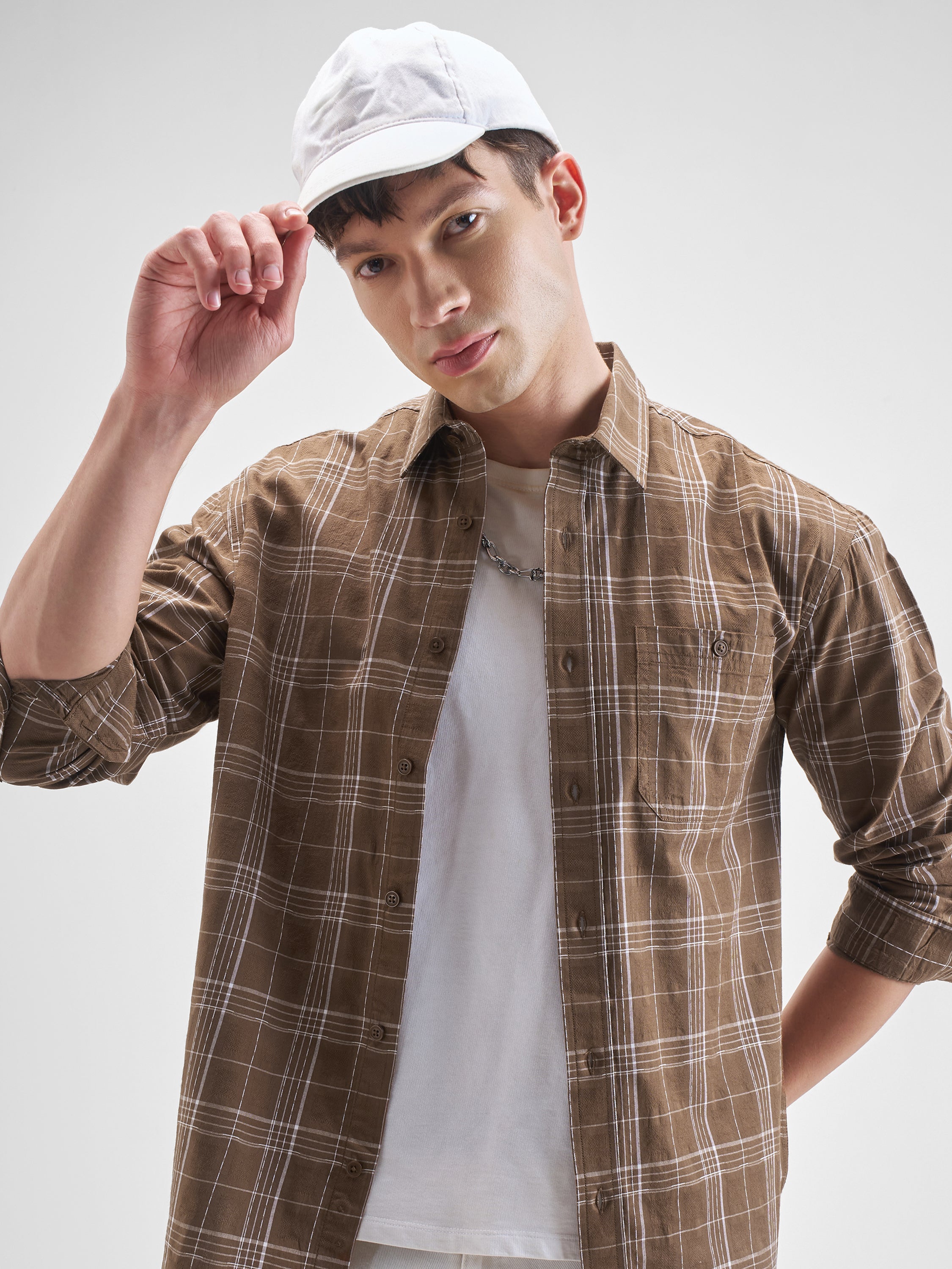 Highlander Men Brown Checked Relaxed Fit Casual Shirt - Brown - Image 1