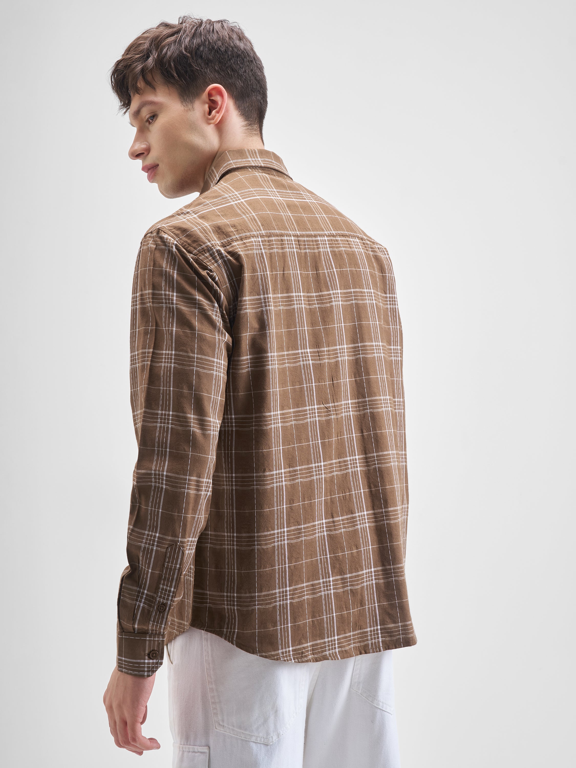 Highlander Men Brown Checked Relaxed Fit Casual Shirt - Brown - Image 3