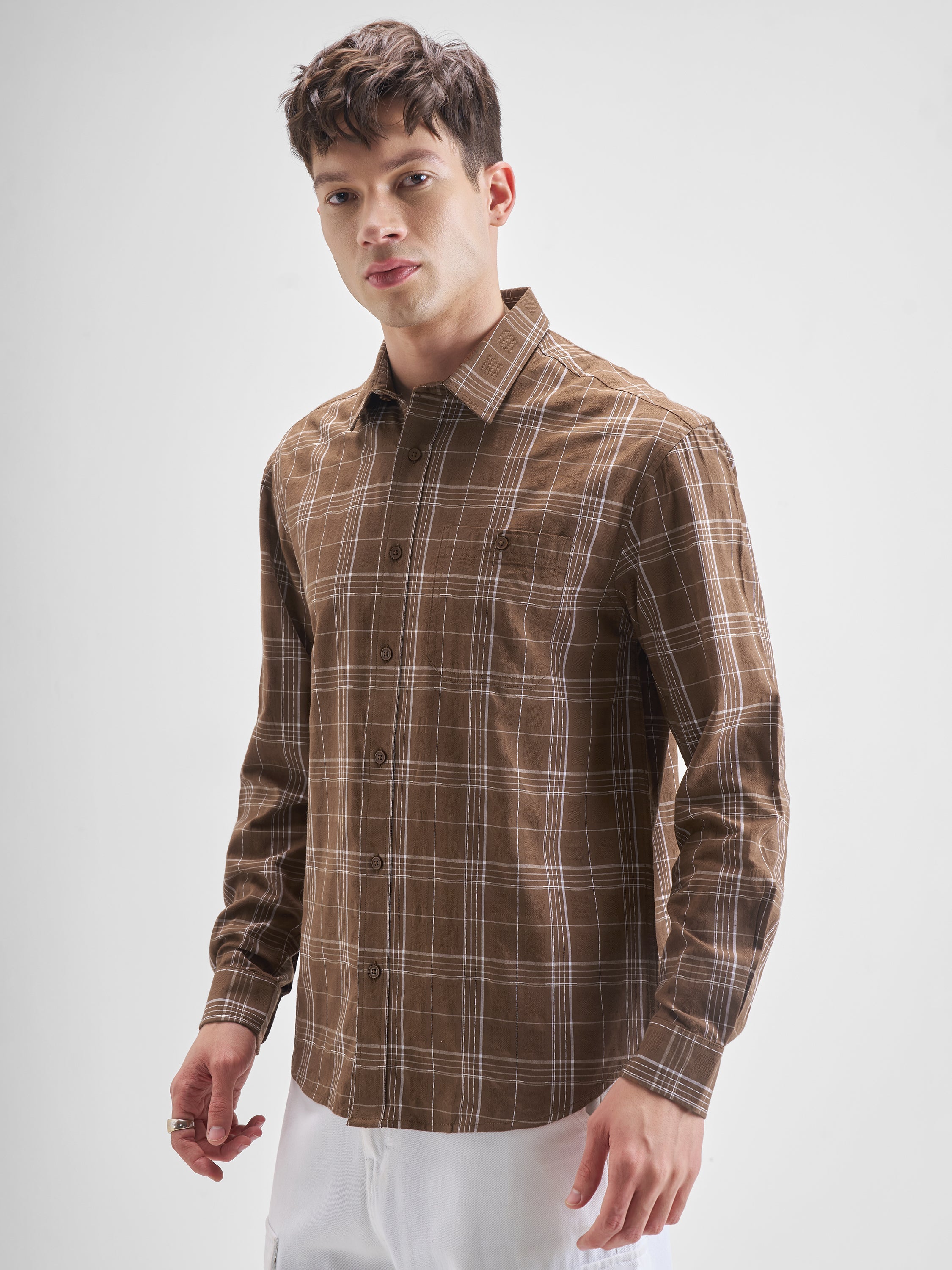 Highlander Men Brown Checked Relaxed Fit Casual Shirt - Brown - Image 4
