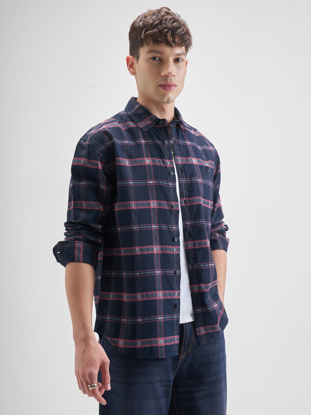 Highlander Men Navy Blue Checked Relaxed Fit Casual Shirt - Navy Blue - Image 6