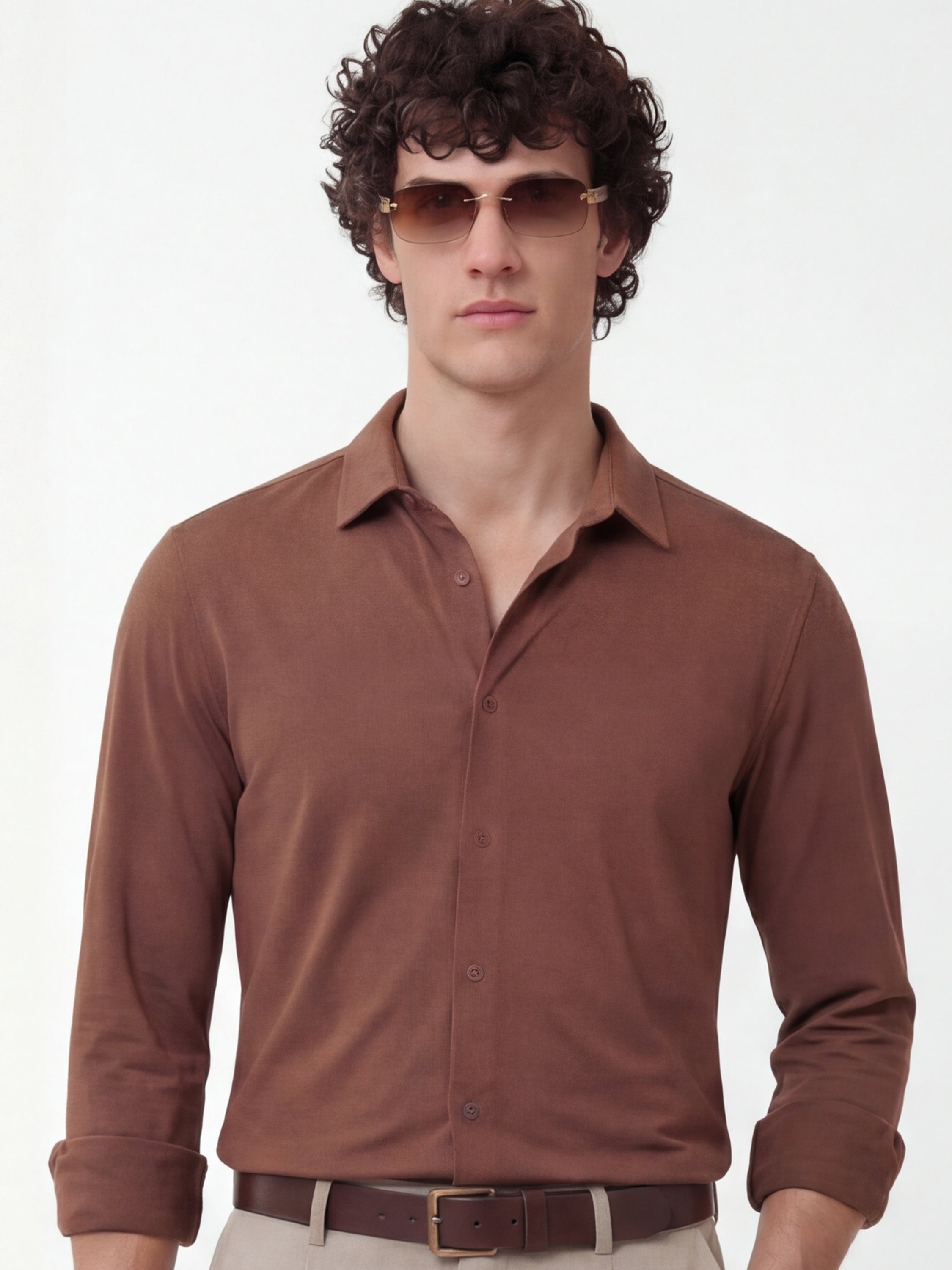 Highlander Men Brown Solid Slim Fit Casual Shirt - Brown - Image 1