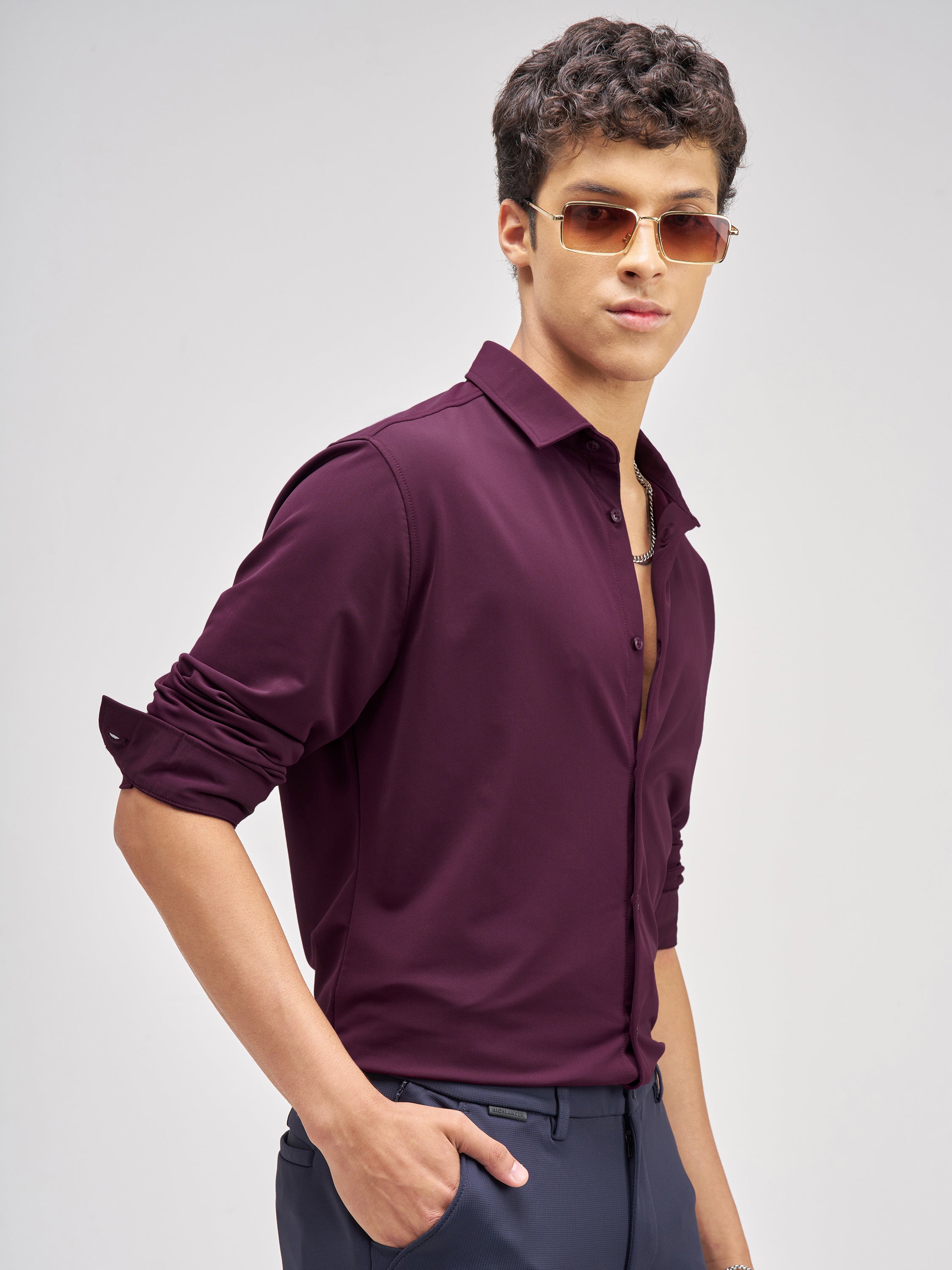 Highlander Men Purple Solid Slim Fit Casual Shirt - Purple - Image 6