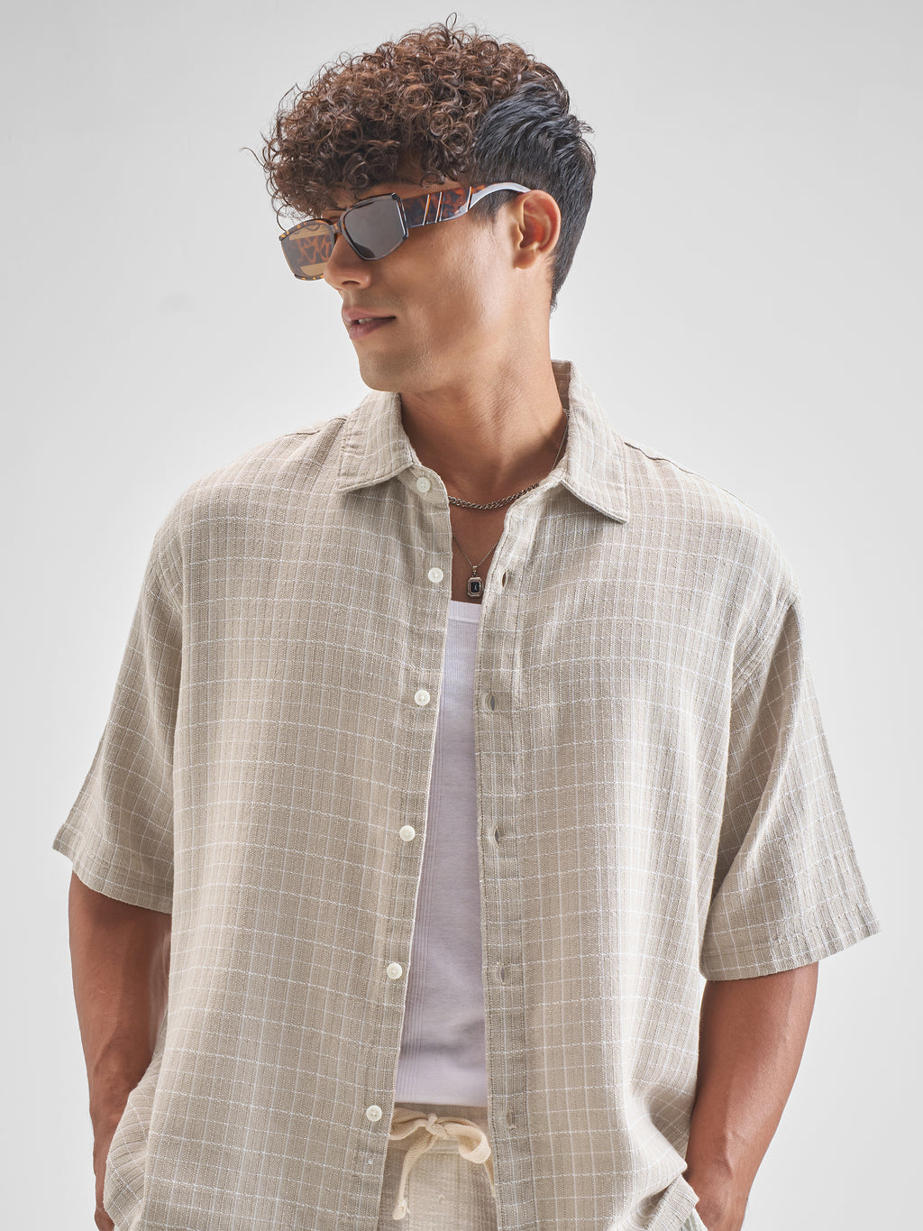 Highlander Men Beige Checked Boxy Fit Casual Shirt - Beige - Image 1