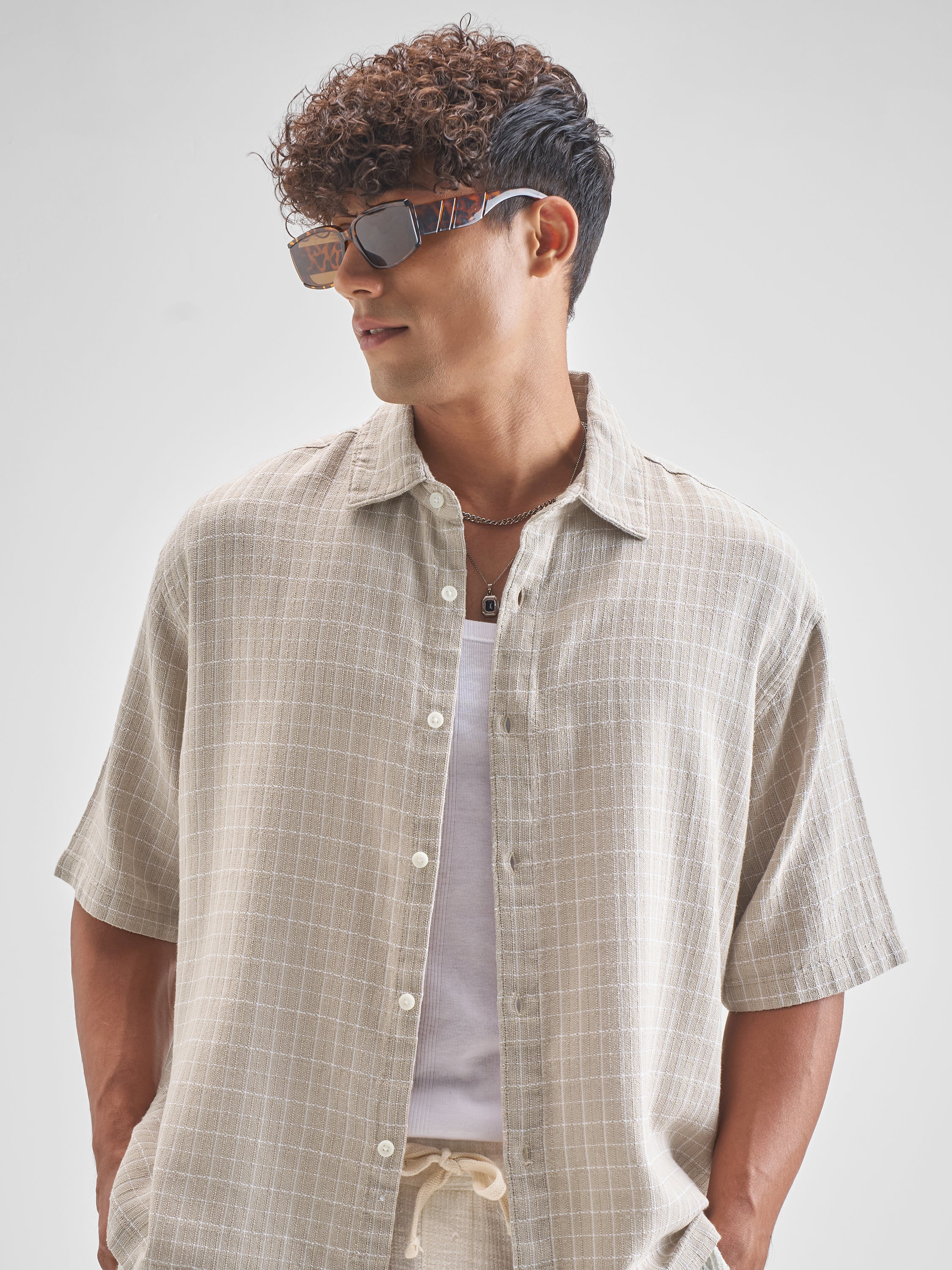 Highlander Men Beige Checked Boxy Fit Casual Shirt - Beige - Image 1