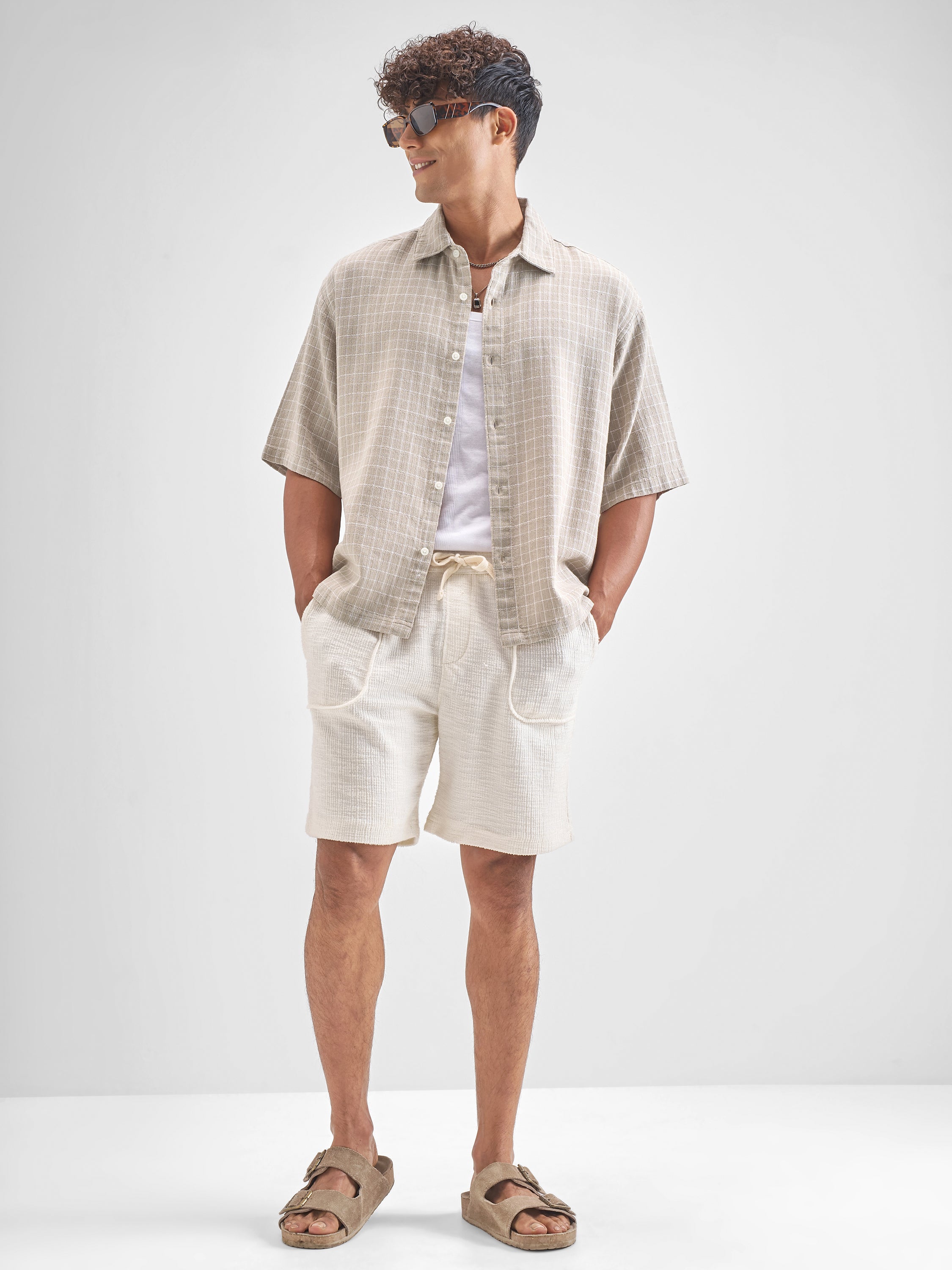 Highlander Men Beige Checked Boxy Fit Casual Shirt - Beige - Image 2
