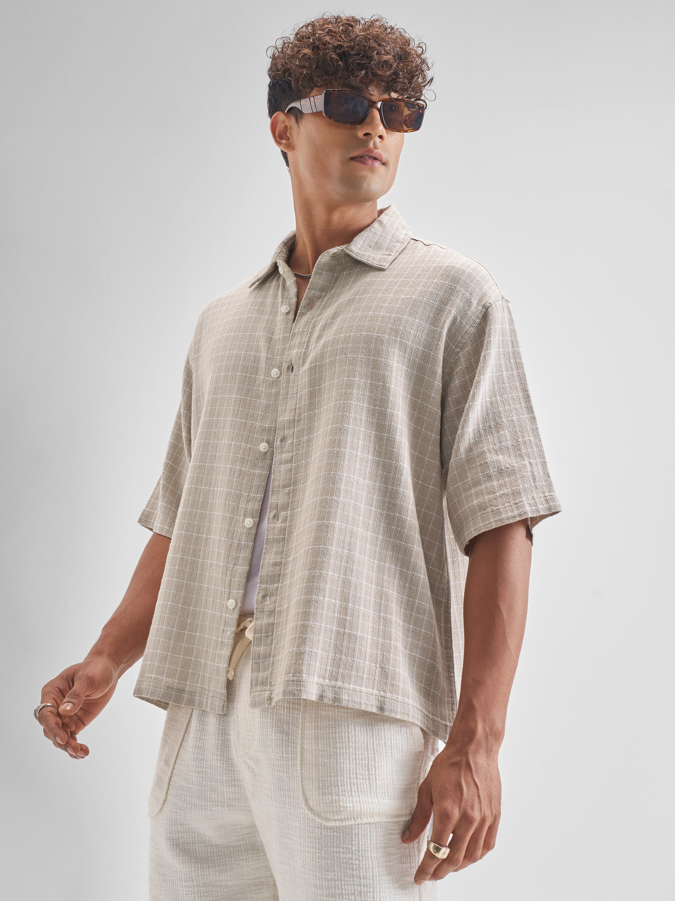 Highlander Men Beige Checked Boxy Fit Casual Shirt - Beige - Image 4