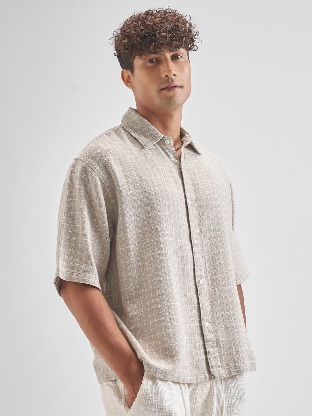 Highlander Men Beige Checked Boxy Fit Casual Shirt - Beige - Image 6