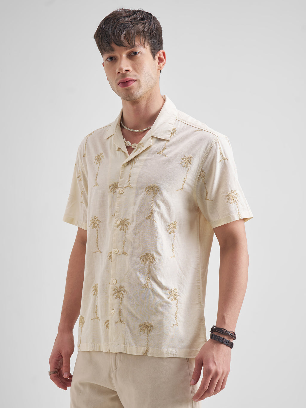 Highlander Men Cream Self Design Relaxed Fit Casual Shirt - Cream - Image 4