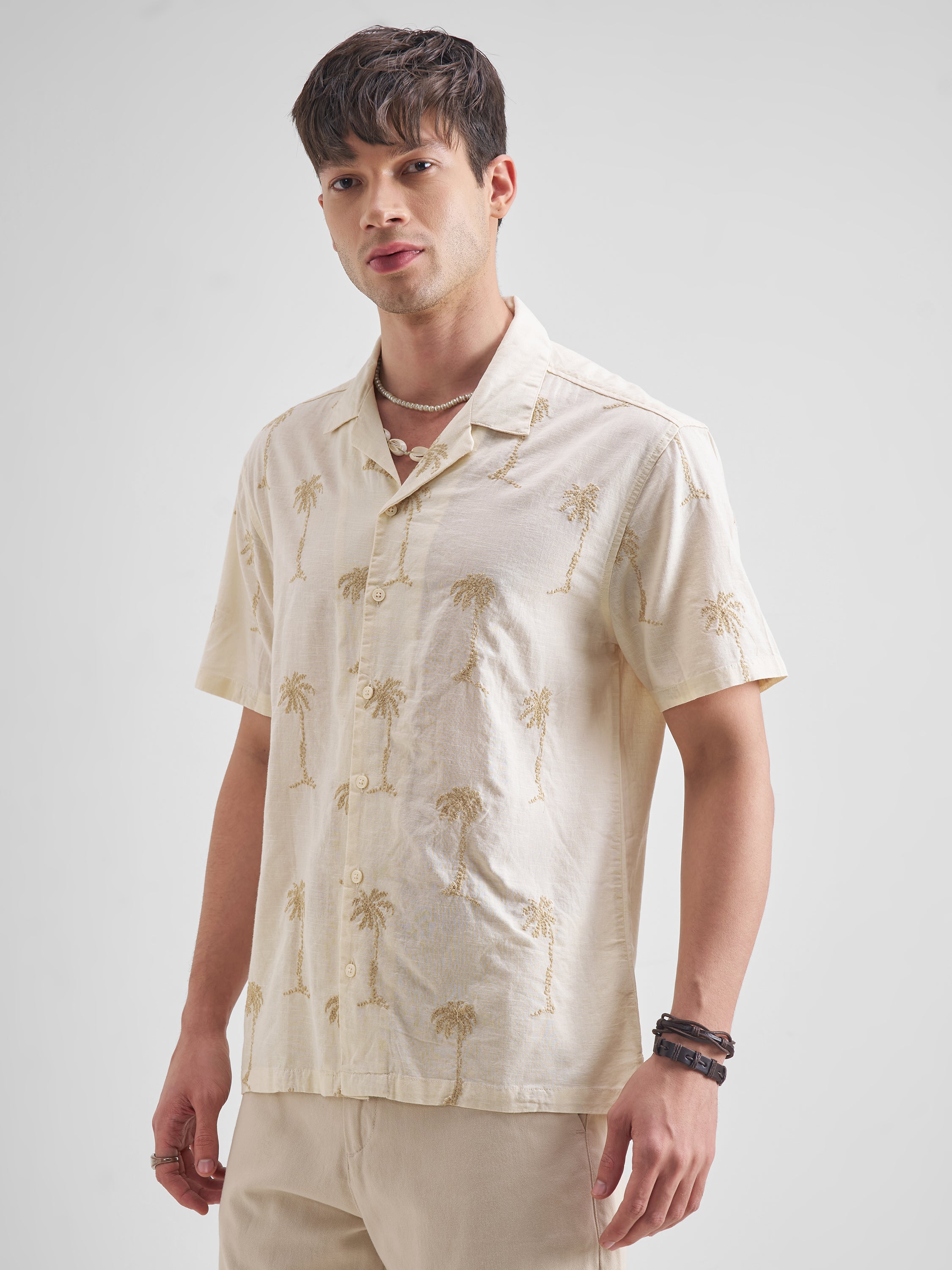 Highlander Men Cream Self Design Relaxed Fit Casual Shirt - Cream - Image 4