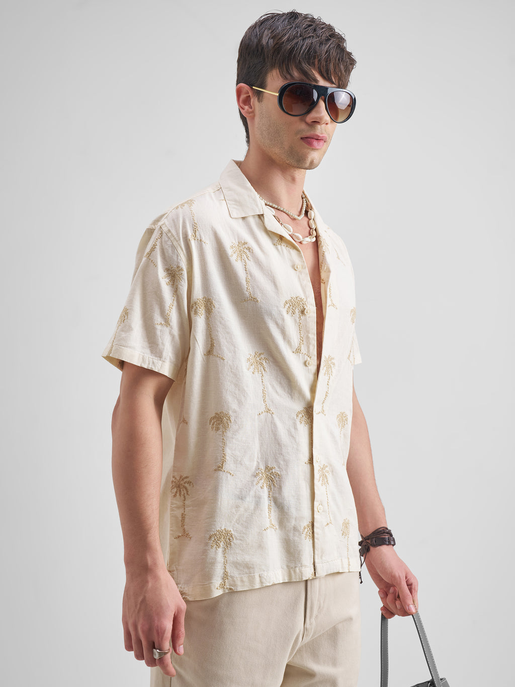 Highlander Men Cream Self Design Relaxed Fit Casual Shirt - Cream - Image 6
