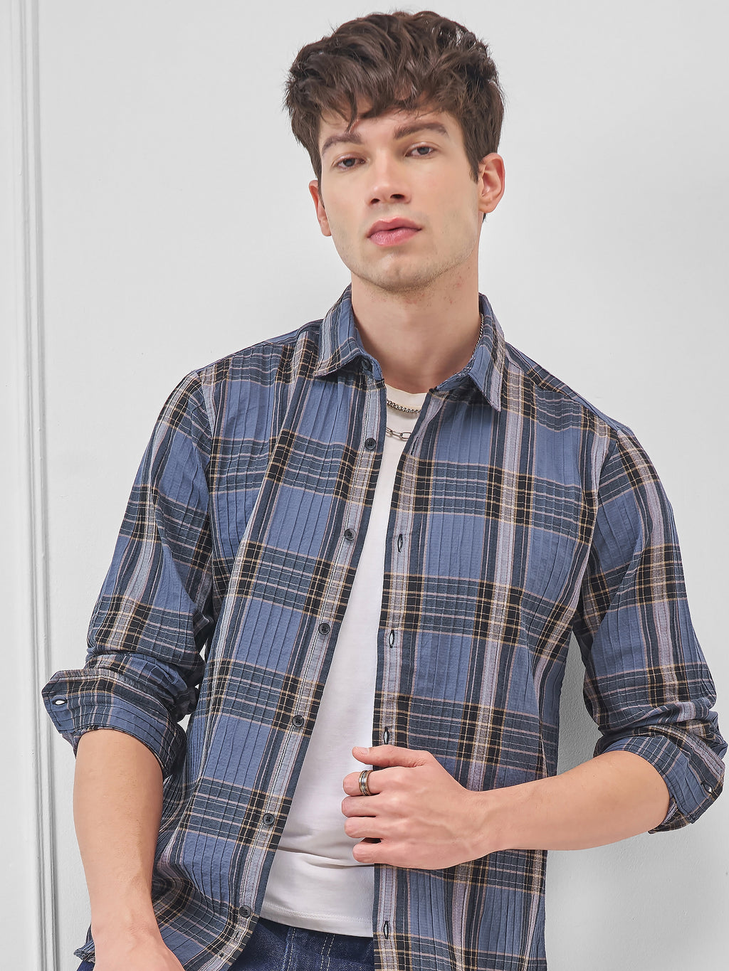 Highlander Men Blue Checked Slim Fit Casual Shirt - Blue - Image 1