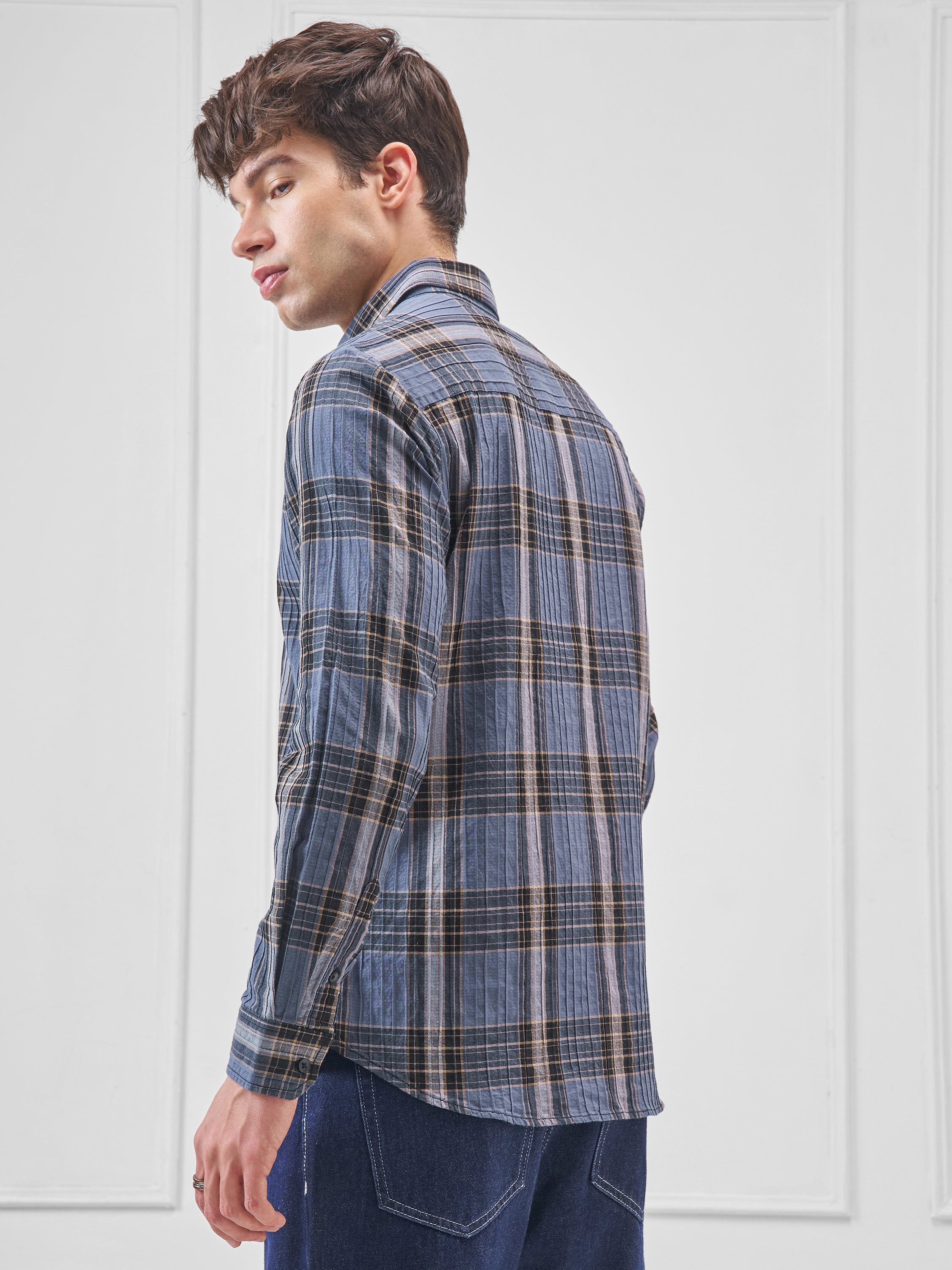 Highlander Men Blue Checked Slim Fit Casual Shirt - Blue - Image 3