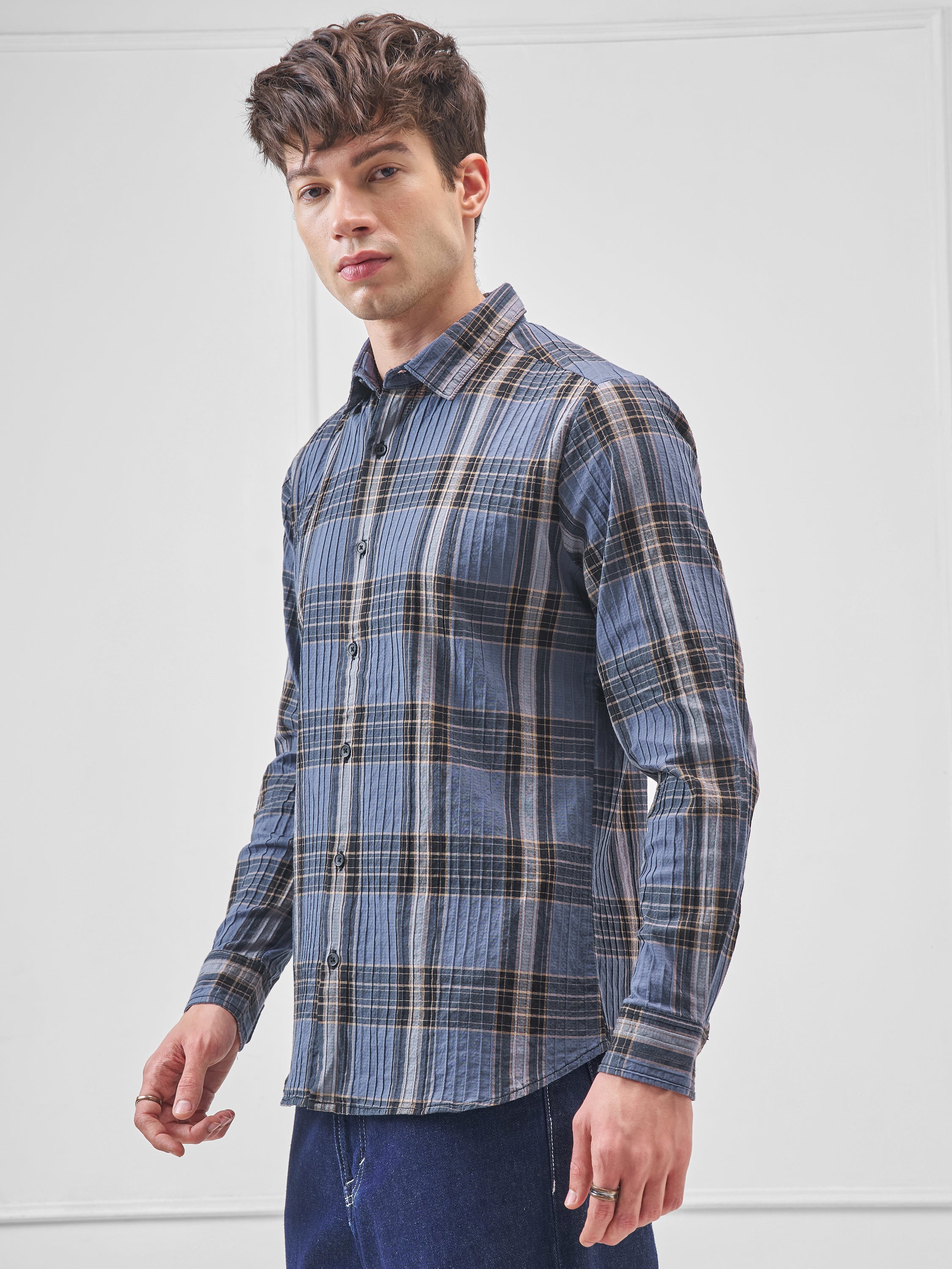 Highlander Men Blue Checked Slim Fit Casual Shirt - Blue - Image 4