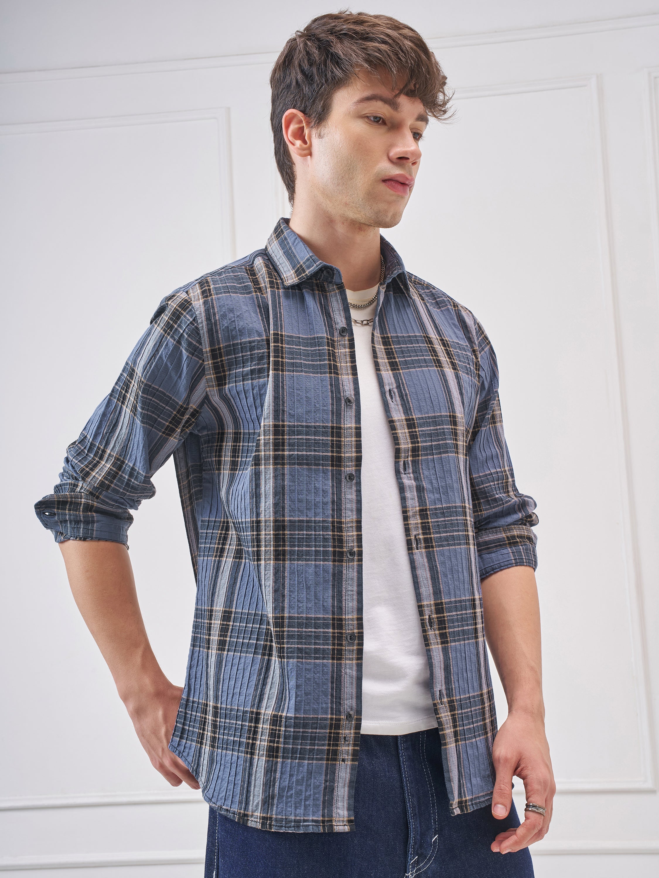 Highlander Men Blue Checked Slim Fit Casual Shirt - Blue - Image 6