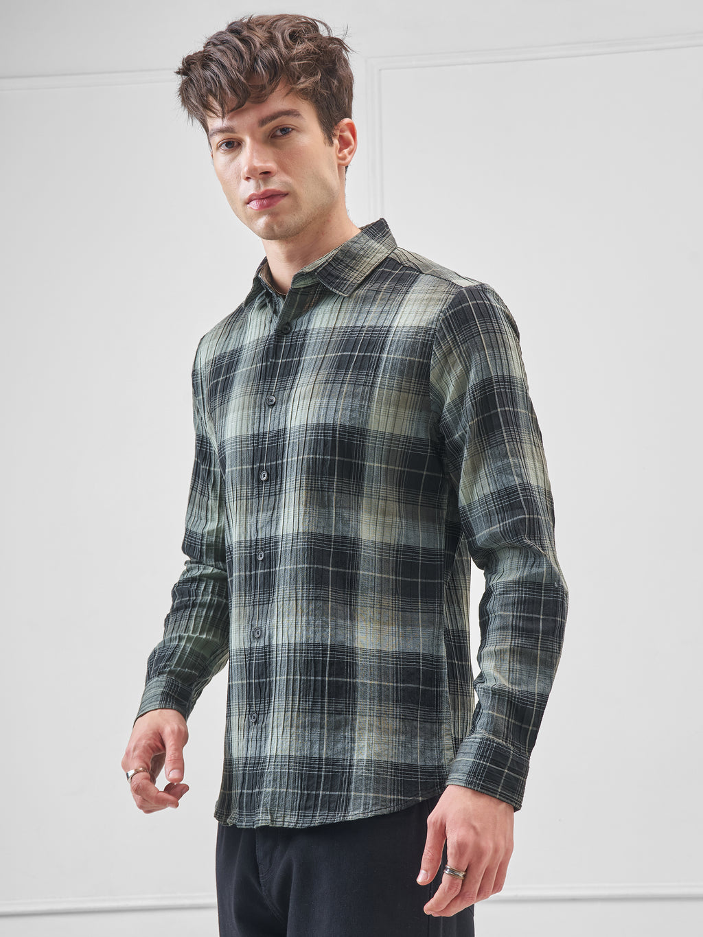 Highlander Men Green Checked Slim Fit Casual Shirt - Green - Image 4