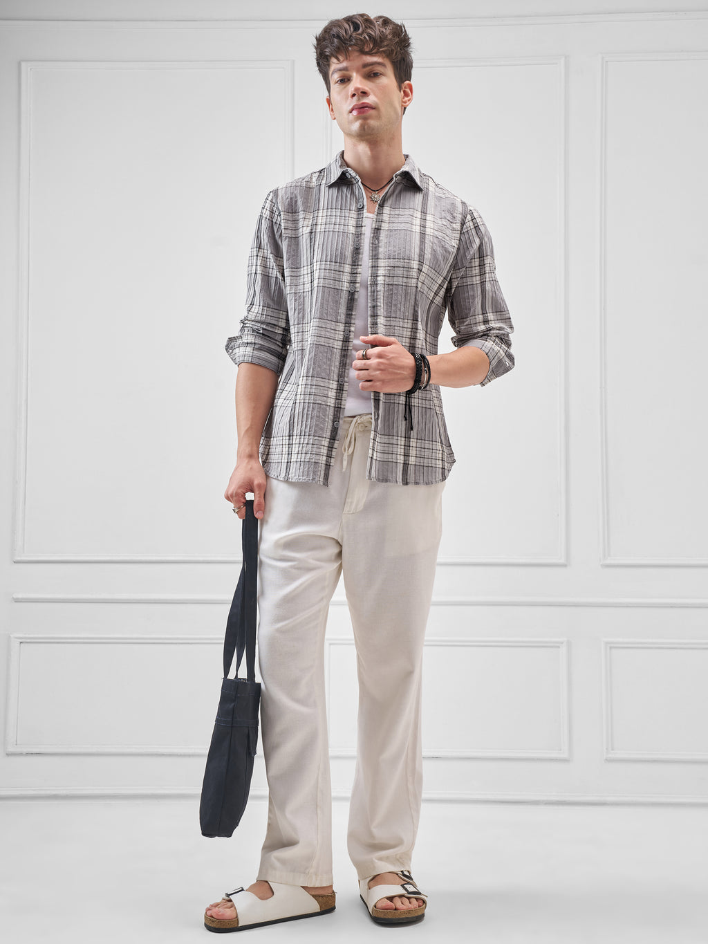 Highlander Men Grey Checked Slim Fit Casual Shirt - Grey - Image 2