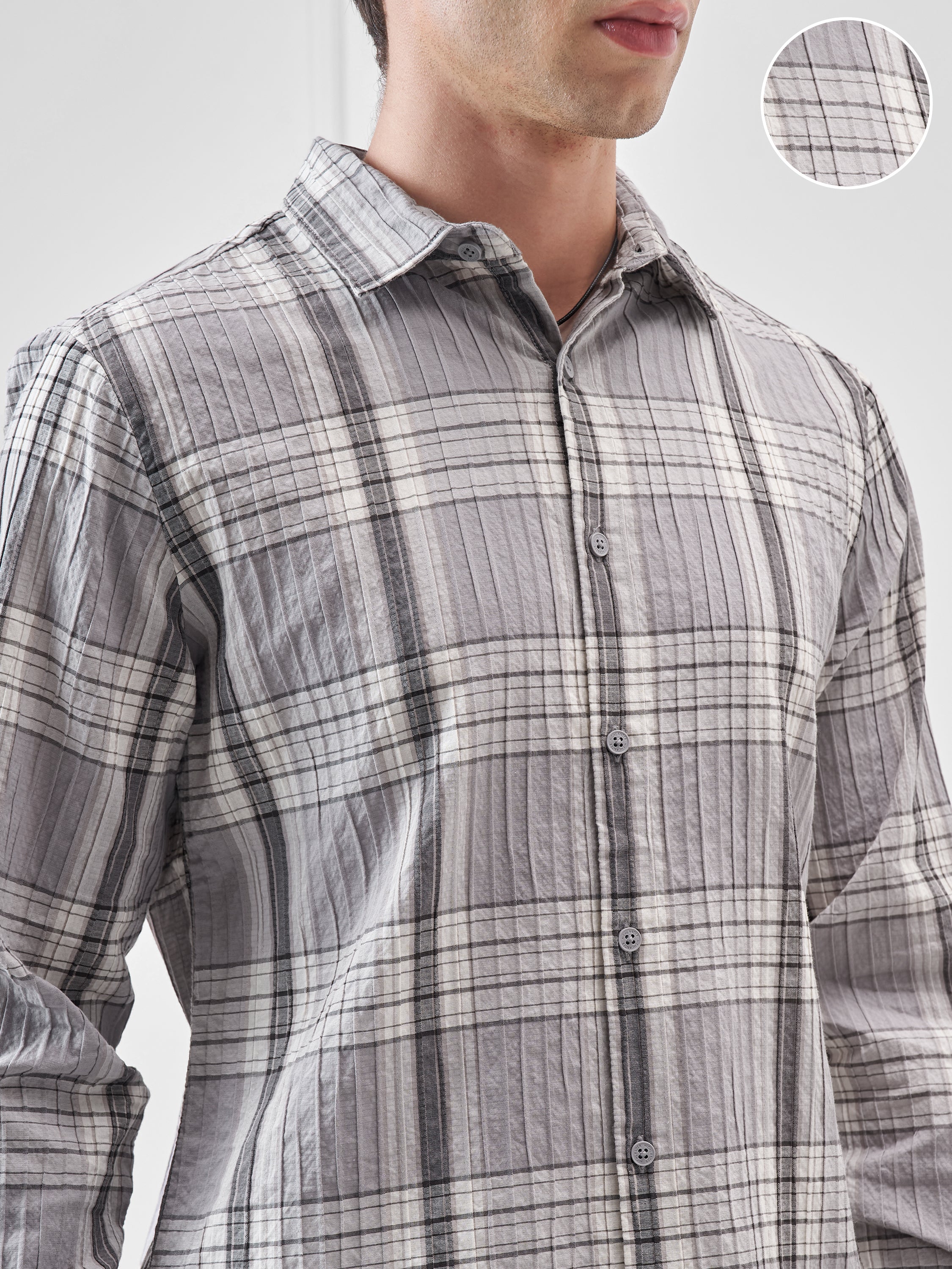 Highlander Men Grey Checked Slim Fit Casual Shirt - Grey - Image 5